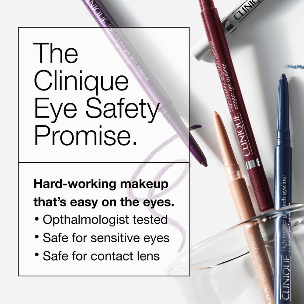 Différents produits eye-liner. Texte: High Impact Gel Tech Eyeliner, Quickliner For Eyes. Marque: Clinique.