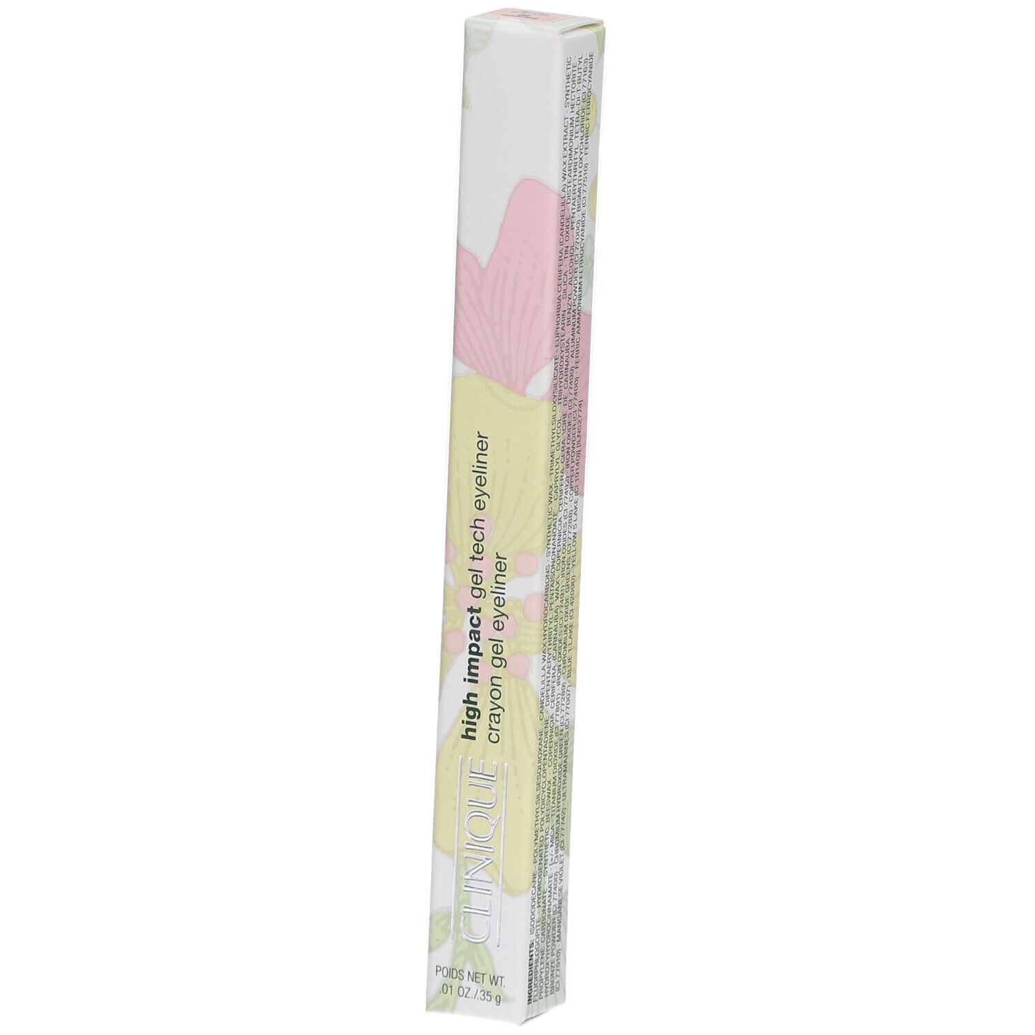Gel-Eyeliner-Stift in Verpackung. Aufschrift: High Impact Gel Tech Eyeliner, Crayon Gel Eyeliner. Marke: Clinique.