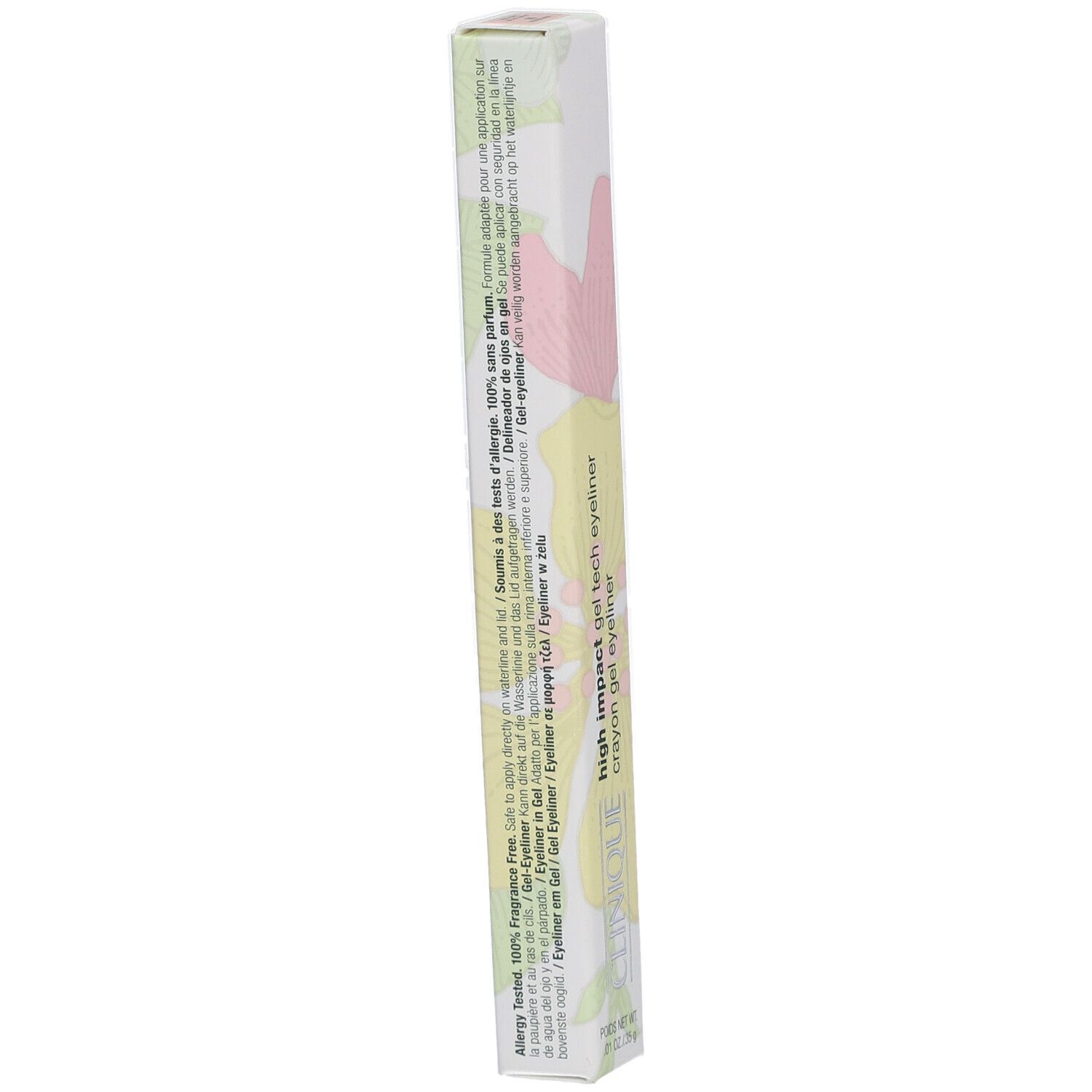 Verpackung des Gel-Eyeliner-Stifts. Aufschrift: High Impact Gel Tech Eyeliner, Crayon Gel Eyeliner. Marke: Clinique.