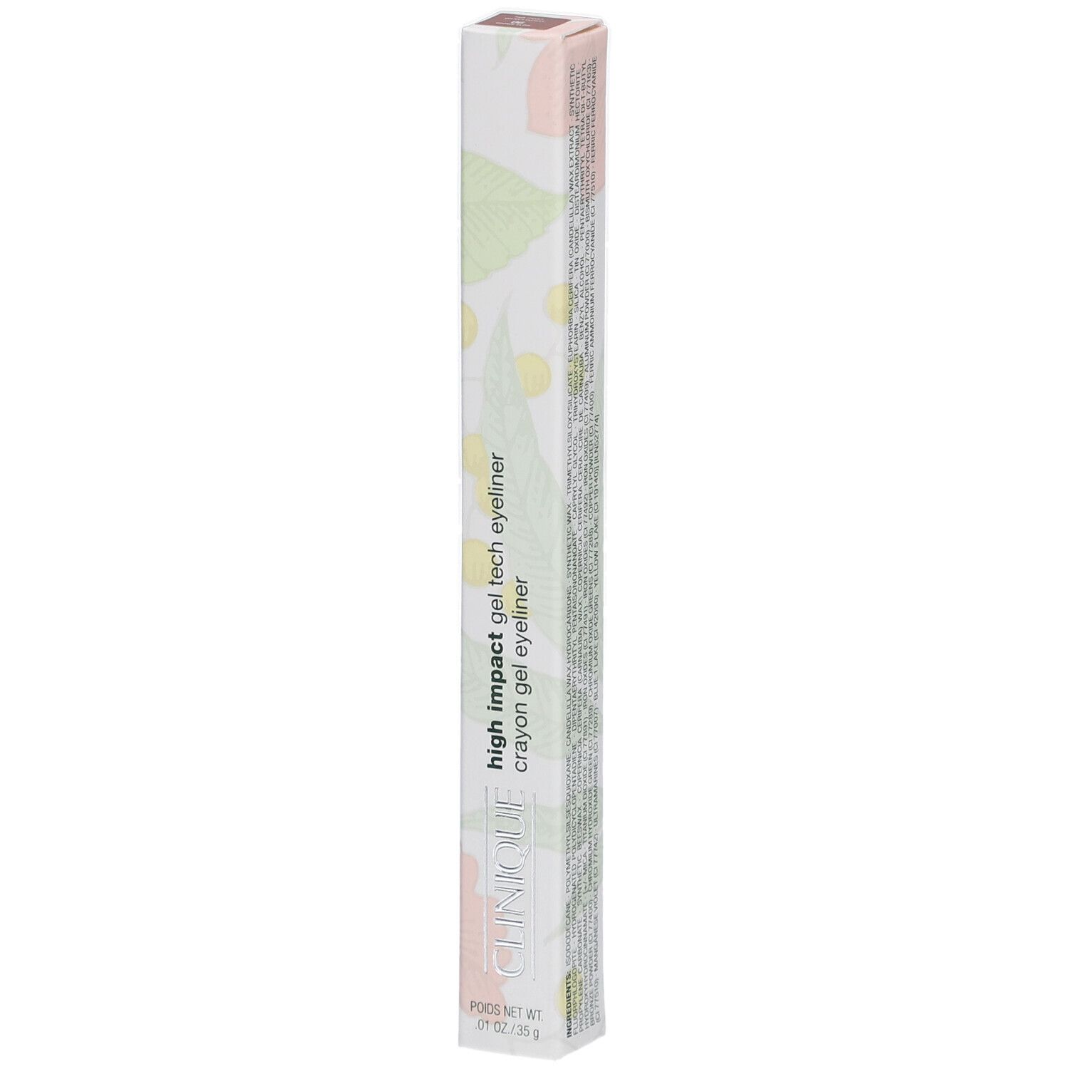 Emballage long et fin. Inscription : High Impact Gel Tech Eyeliner, Clinique. Motifs floraux et informations produit.
