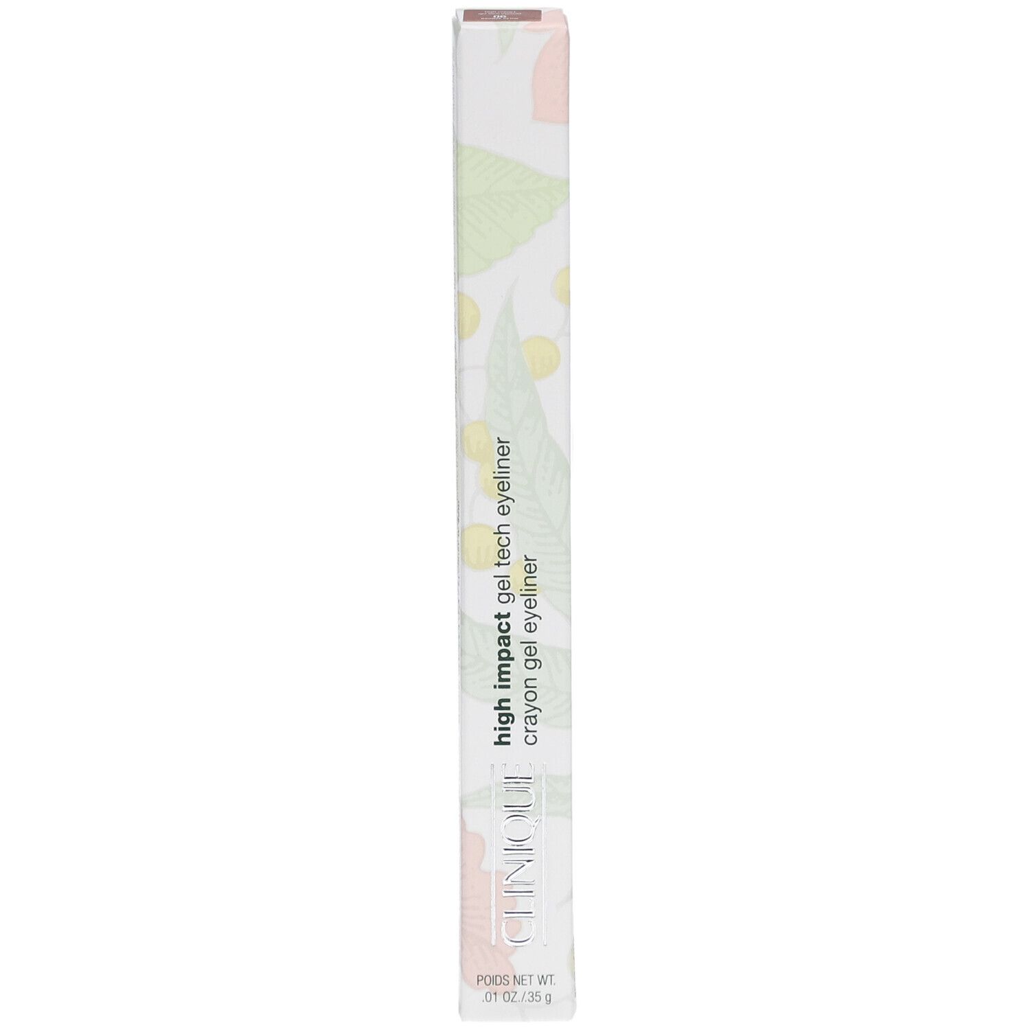 Emballage long et fin. Inscription : High Impact Gel Tech Eyeliner, Clinique. Motifs floraux et informations produit.