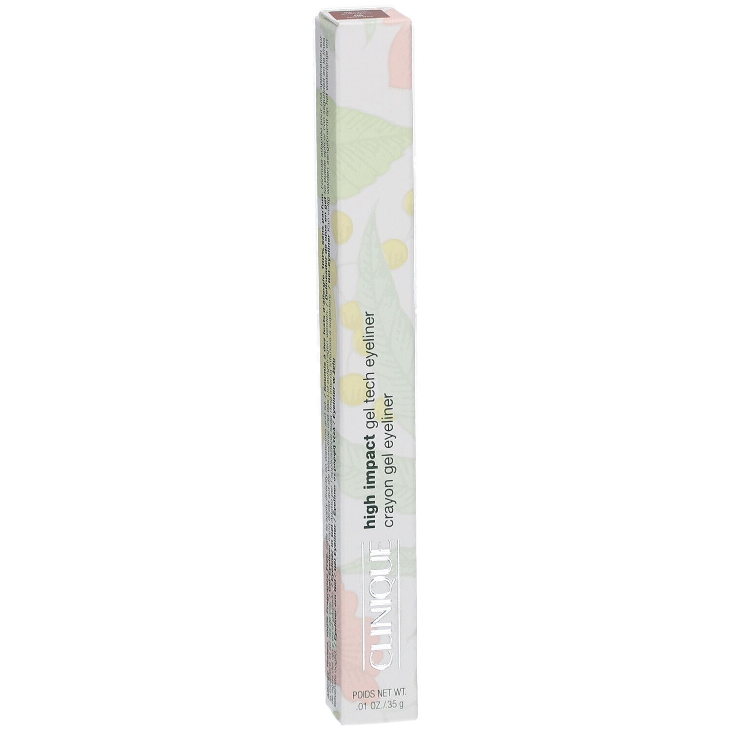 Emballage long et fin. Inscription : High Impact Gel Tech Eyeliner, Clinique. Motifs floraux et informations produit.