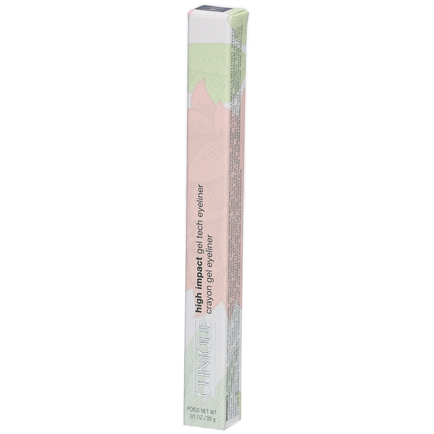 Emballage long et fin. Inscription: High Impact Gel Tech Eyeliner, Crayon Gel Eyeliner. Marque: Clinique.