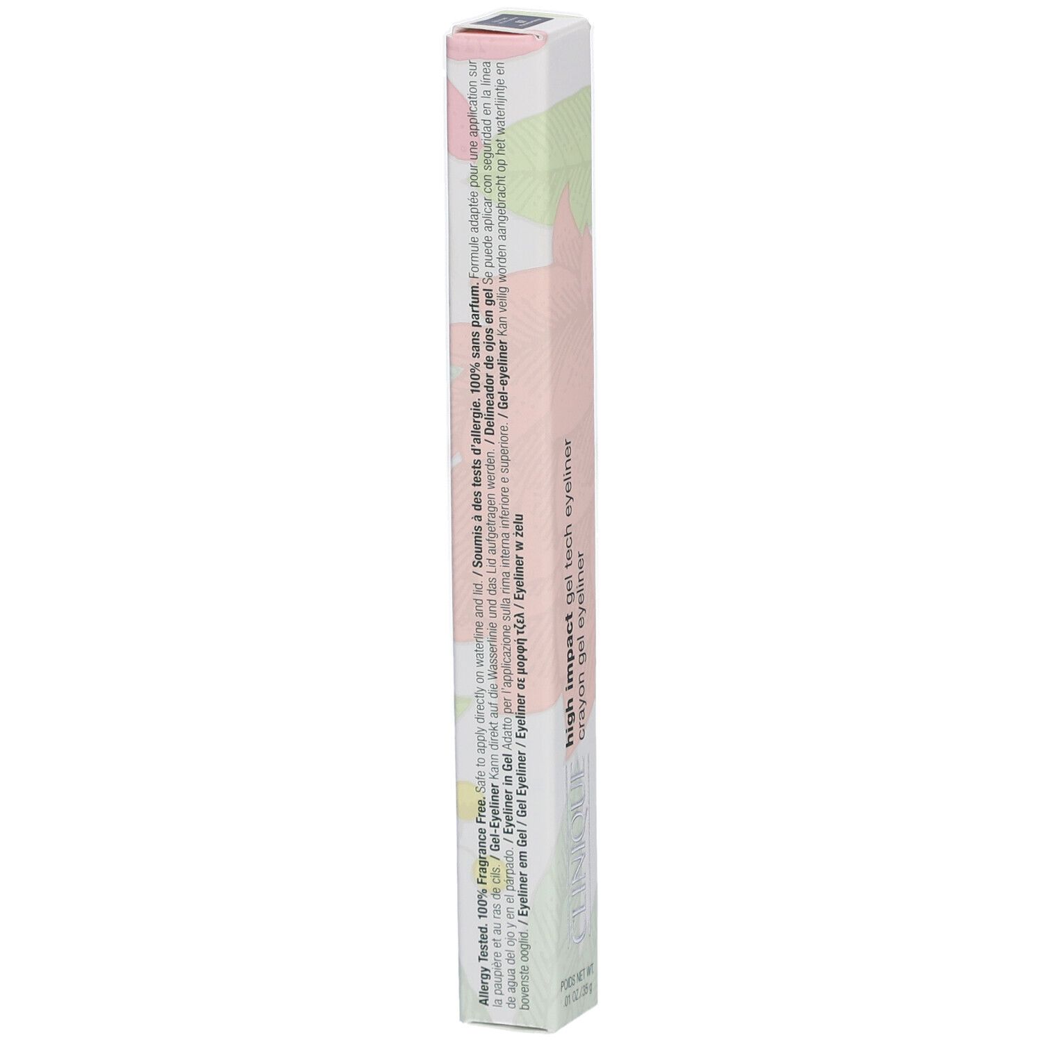 Emballage long et fin. Texte sur les ingrédients et les propriétés. Marque: Clinique. Produit: High Impact Gel Tech Eyeliner.