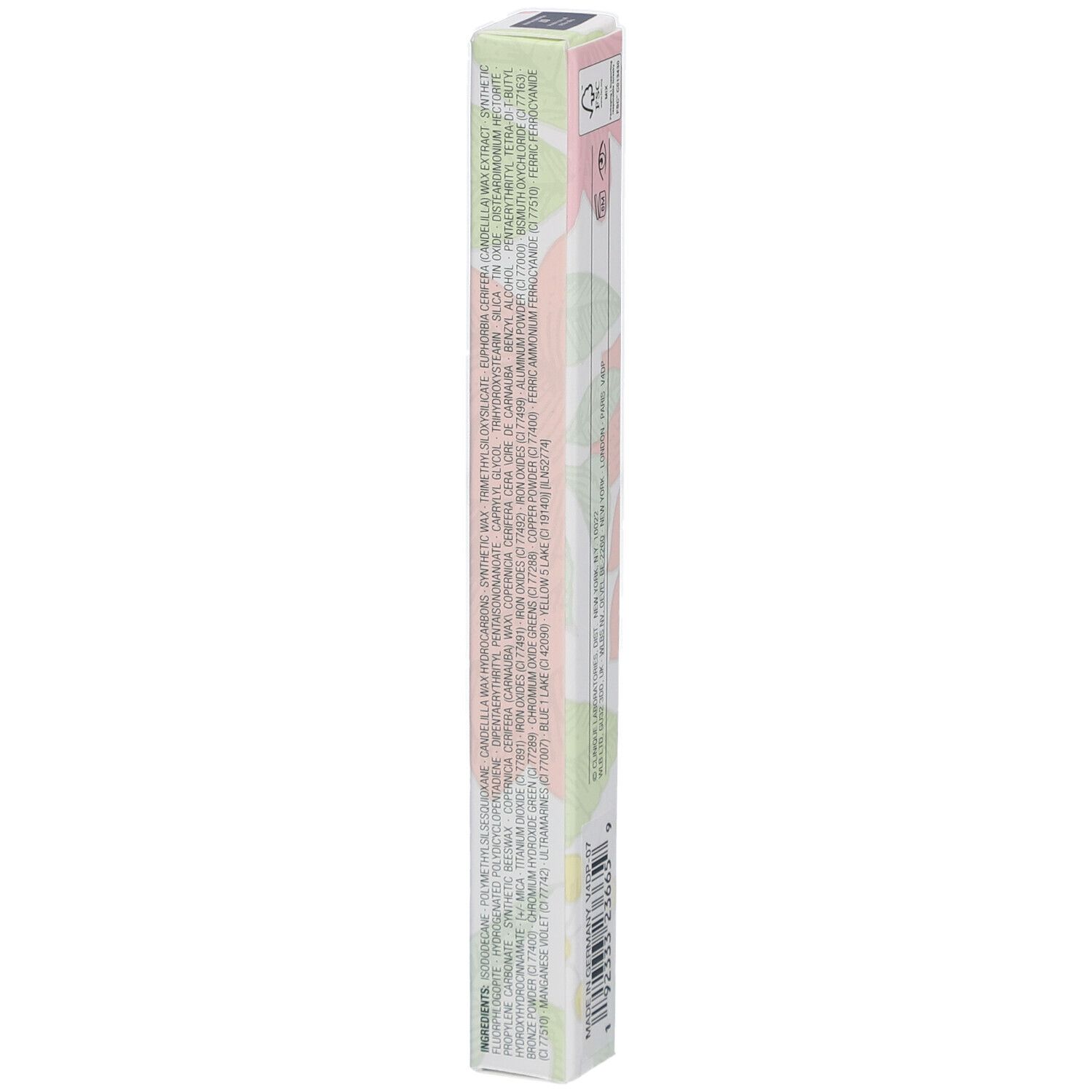 Emballage long et fin. Texte sur les ingrédients et les propriétés. Marque: Clinique. Produit: High Impact Gel Tech Eyeliner.