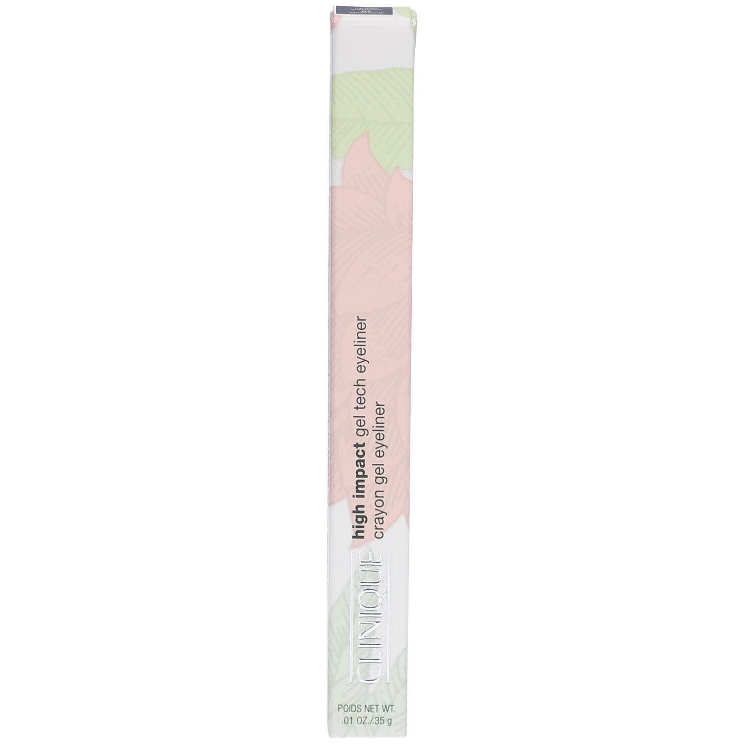 Emballage long et fin. Inscription: High Impact Gel Tech Eyeliner, Crayon Gel Eyeliner. Marque: Clinique.