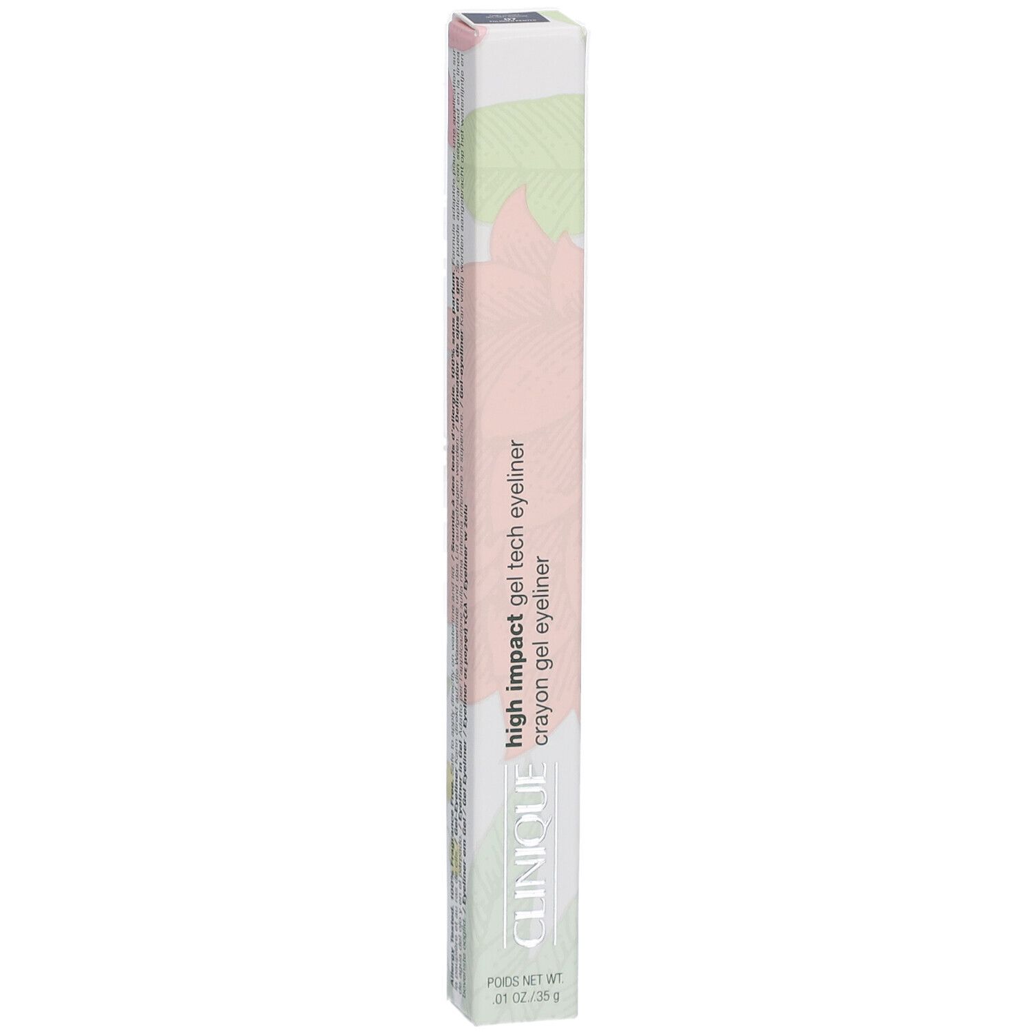Emballage long et fin. Inscription: High Impact Gel Tech Eyeliner, Crayon Gel Eyeliner. Marque: Clinique.