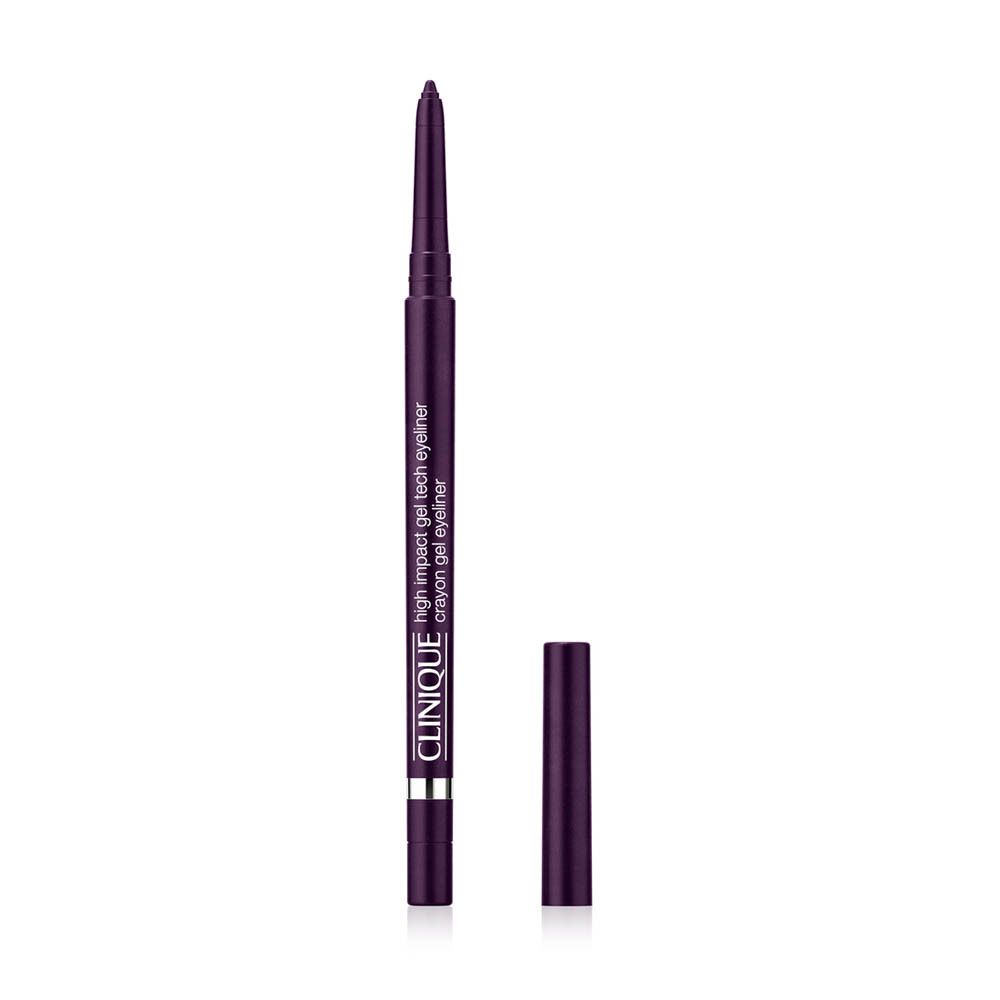 Crayon eyeliner violet foncé. Inscription: High Impact Gel Tech Eyeliner, Clinique. Avec capuchon.