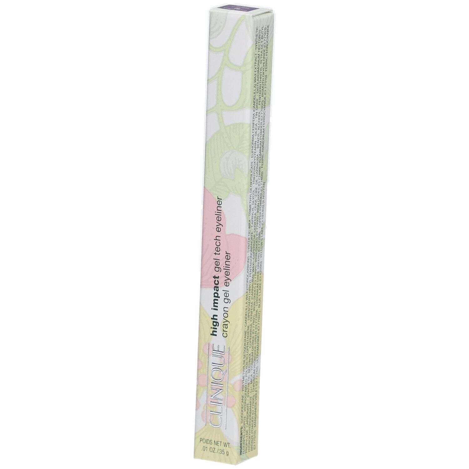 Emballage long et fin. Inscription: High Impact Gel Tech Eyeliner, Clinique. Motif vert et rose.