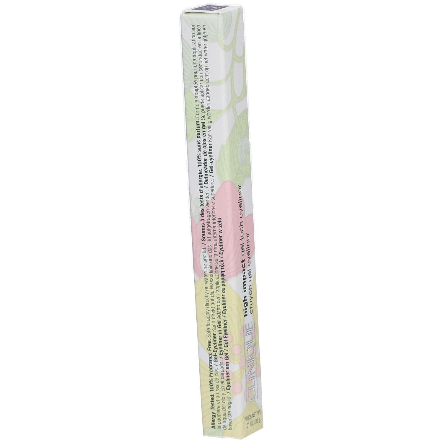 Emballage long et fin. Inscription: High Impact Gel Tech Eyeliner, Clinique. Motif vert et rose.