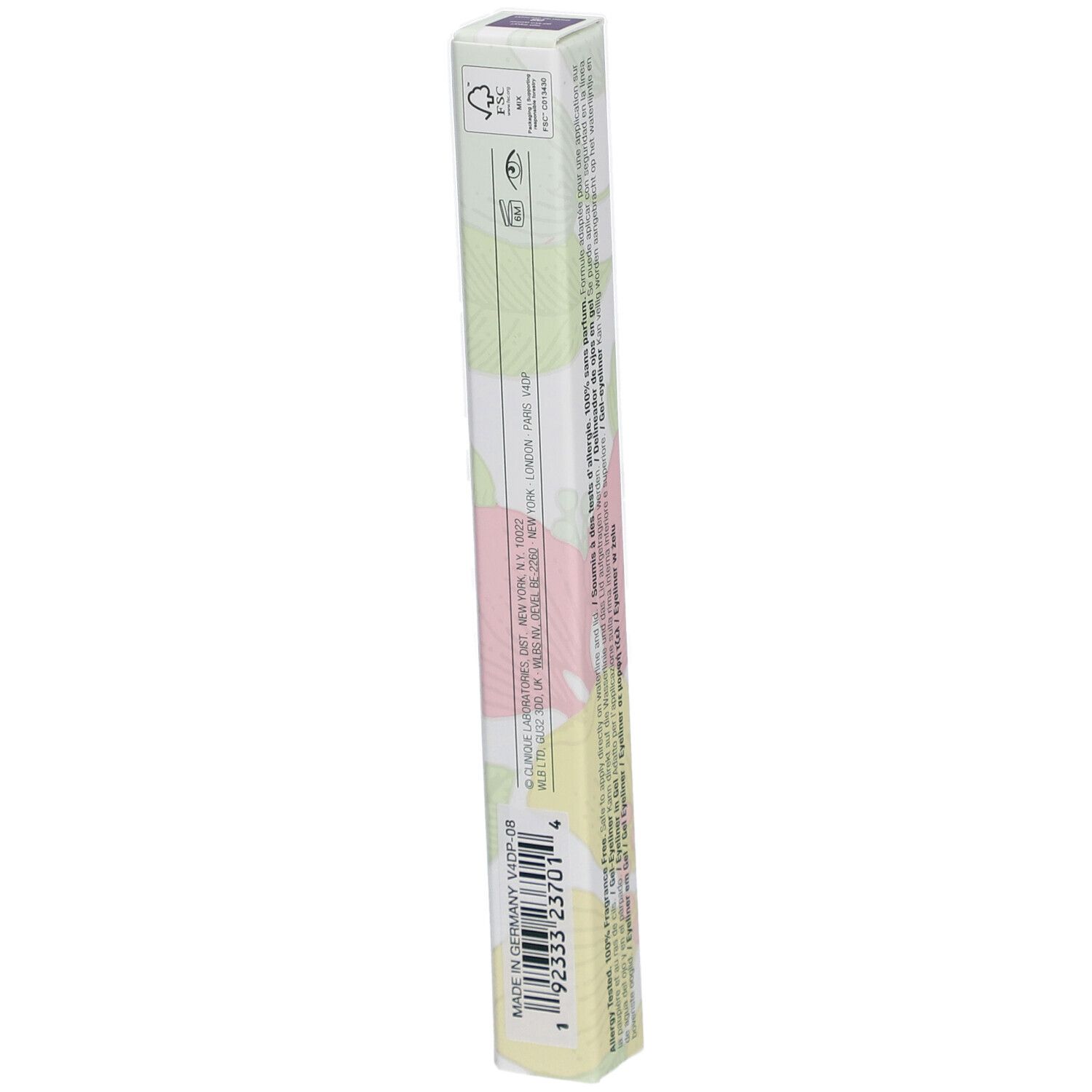 Emballage long et fin. Inscription: High Impact Gel Tech Eyeliner, Clinique. Motif vert et rose.