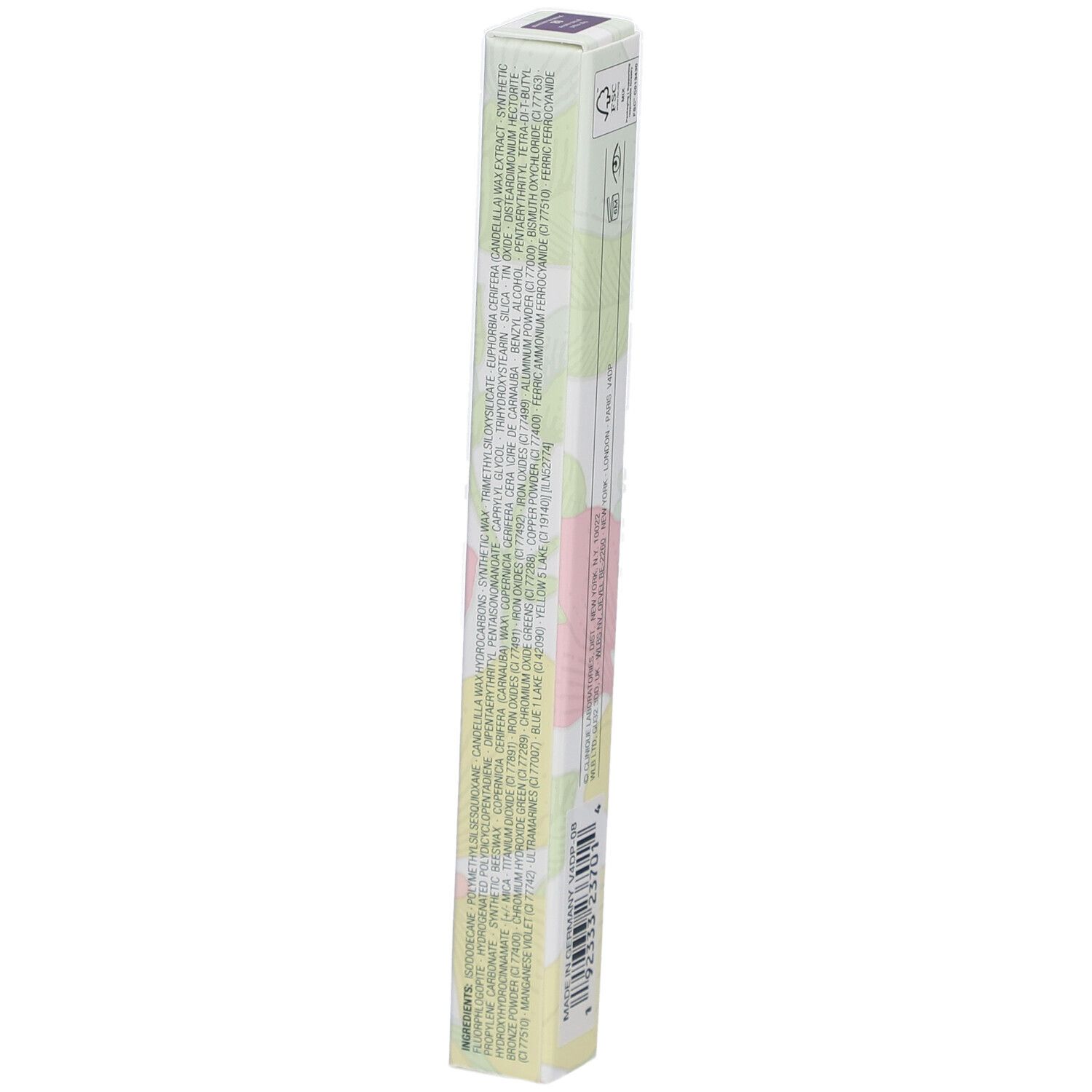 Emballage long et fin. Inscription: High Impact Gel Tech Eyeliner, Clinique. Motif vert et rose.