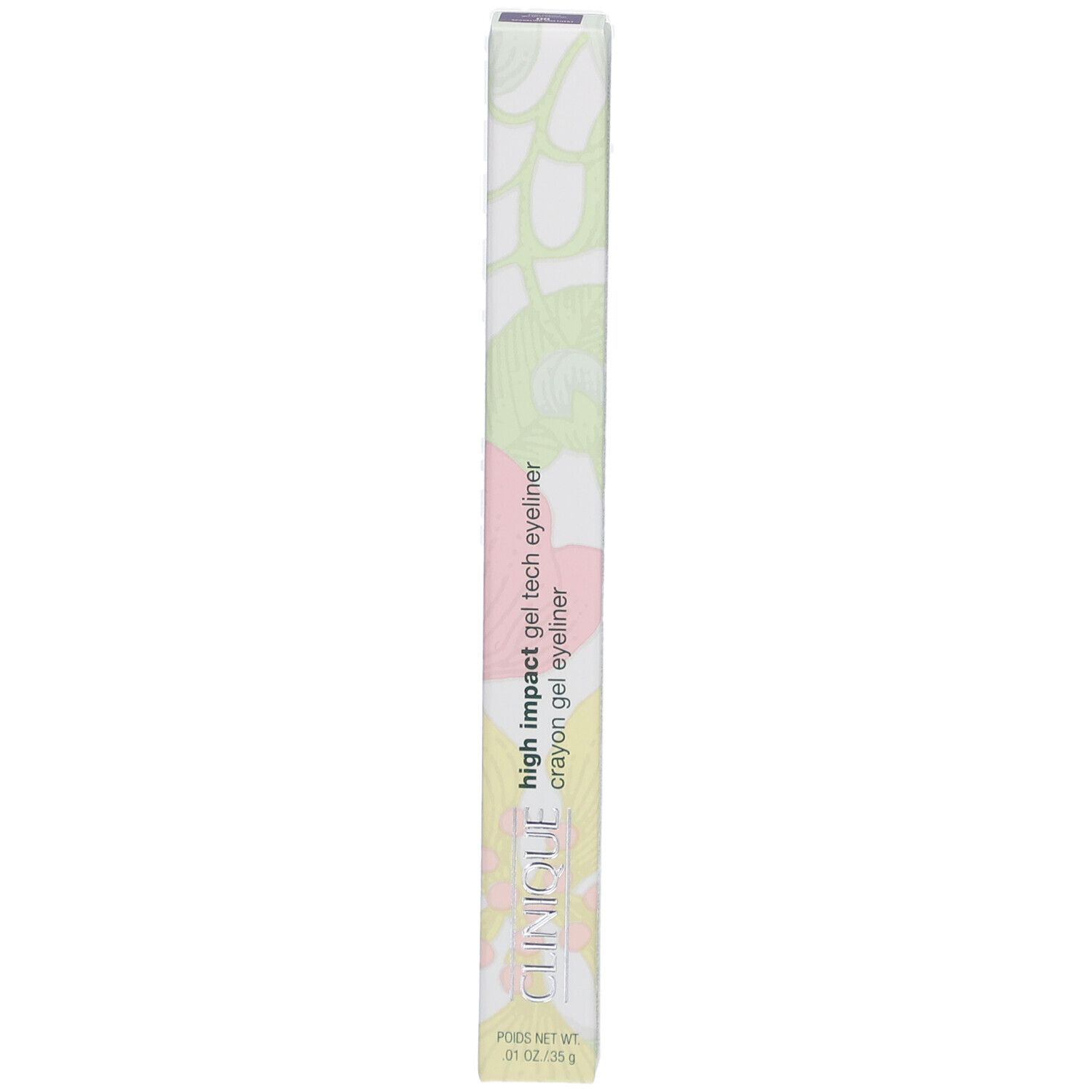 Emballage long et fin. Inscription: High Impact Gel Tech Eyeliner, Clinique. Motif vert et rose.