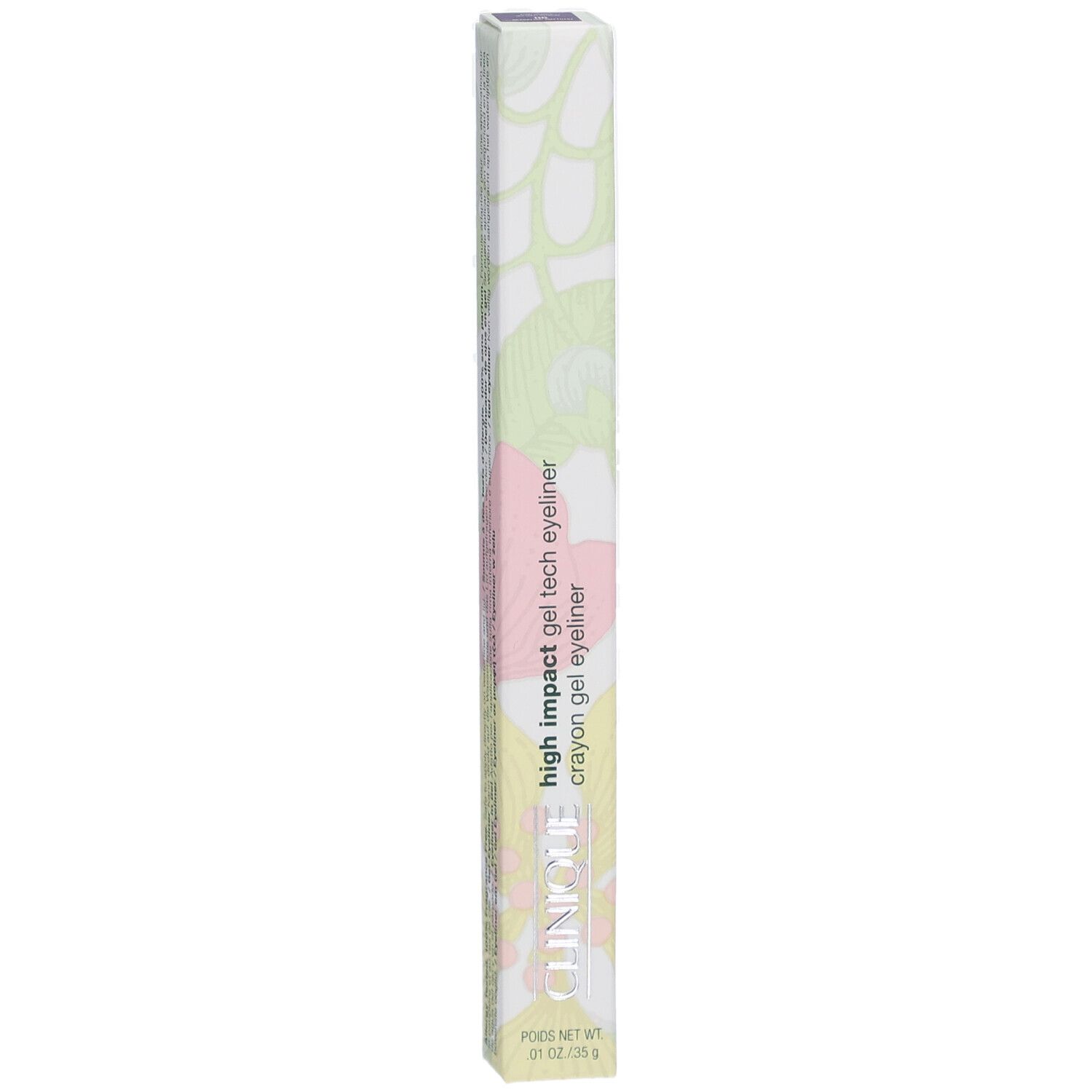 Emballage long et fin. Inscription: High Impact Gel Tech Eyeliner, Clinique. Motif vert et rose.