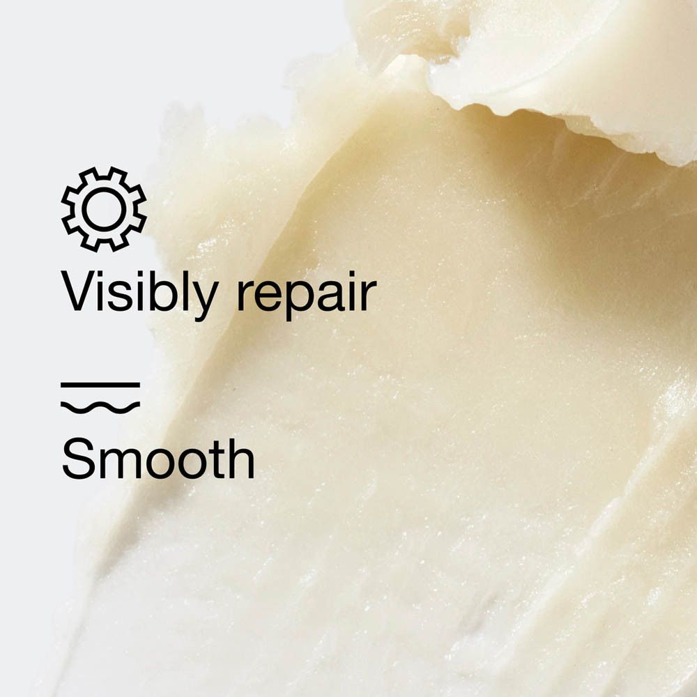 Texture crème avec texte : Visibly repair, Smooth. Symbole : Engrenage.