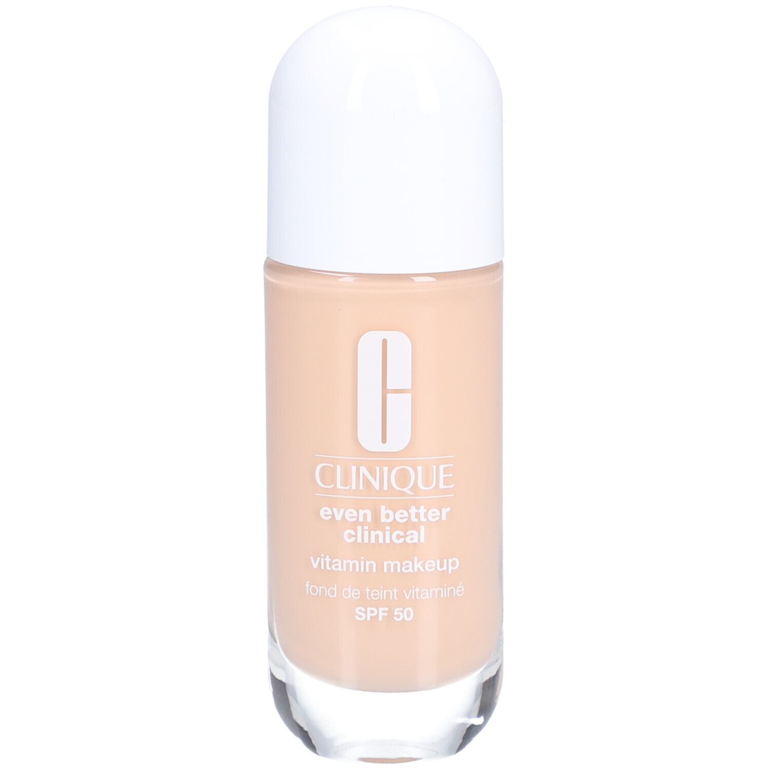 Clinique Even Better Clinical Vitamin Makeup SPF 50. Flacon de fond de teint beige, bouchon blanc.