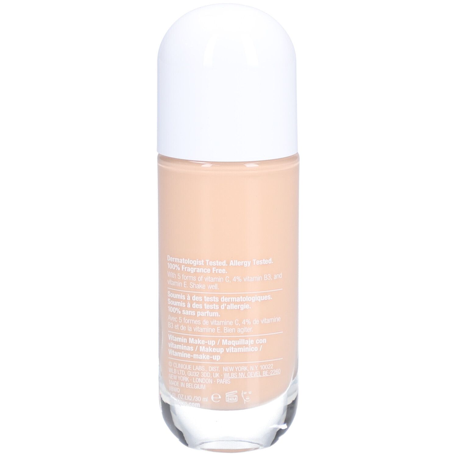 Dos du flacon Clinique Even Better Clinical Vitamin Makeup SPF 50. Texte en anglais.