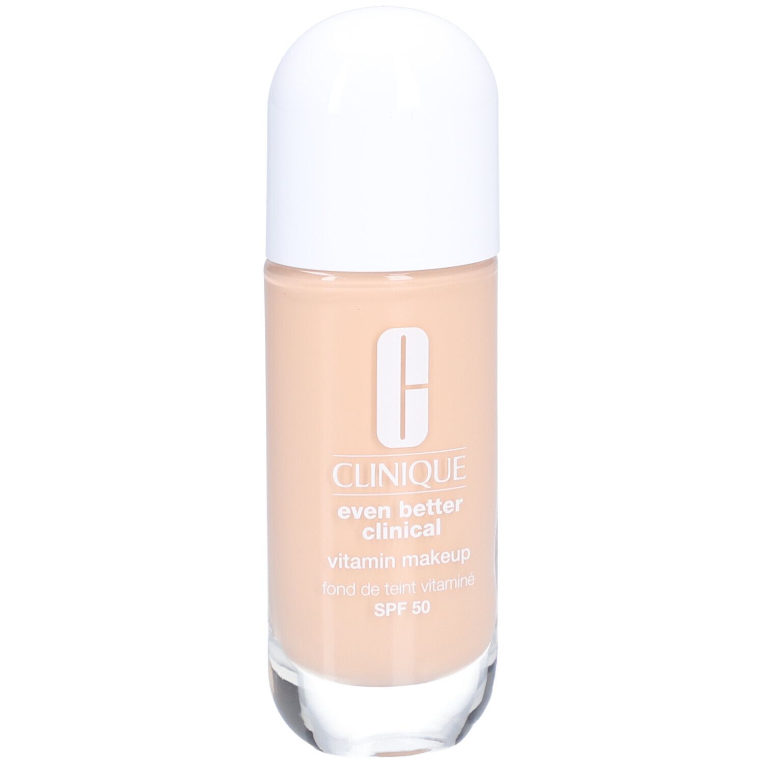 Clinique Even Better Clinical Vitamin Makeup SPF 50. Flacon de fond de teint beige, bouchon blanc.