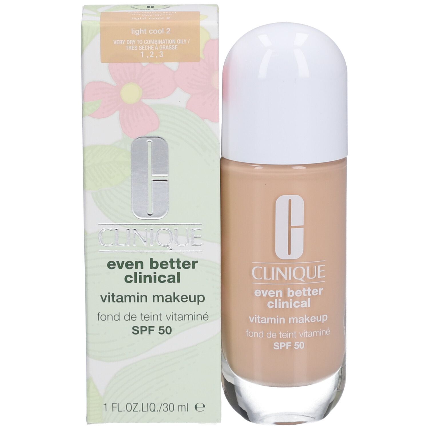 Clinique Even Better Clinical Vitamin Makeup SPF 50 avec emballage. Flacon et boîte.
