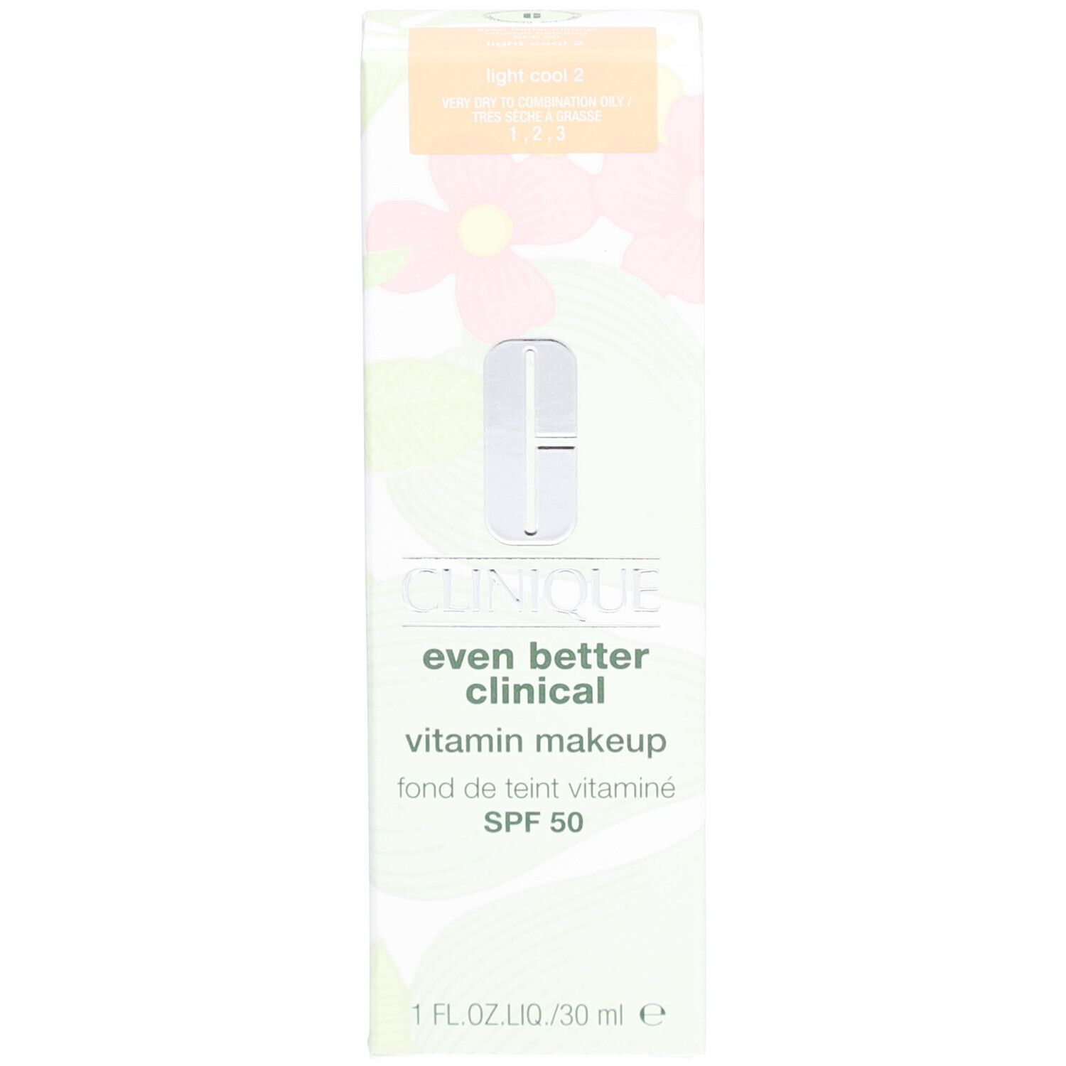 Clinique Even Better Clinical Vitamin Makeup SPF 50 avec emballage. Flacon et boîte.
