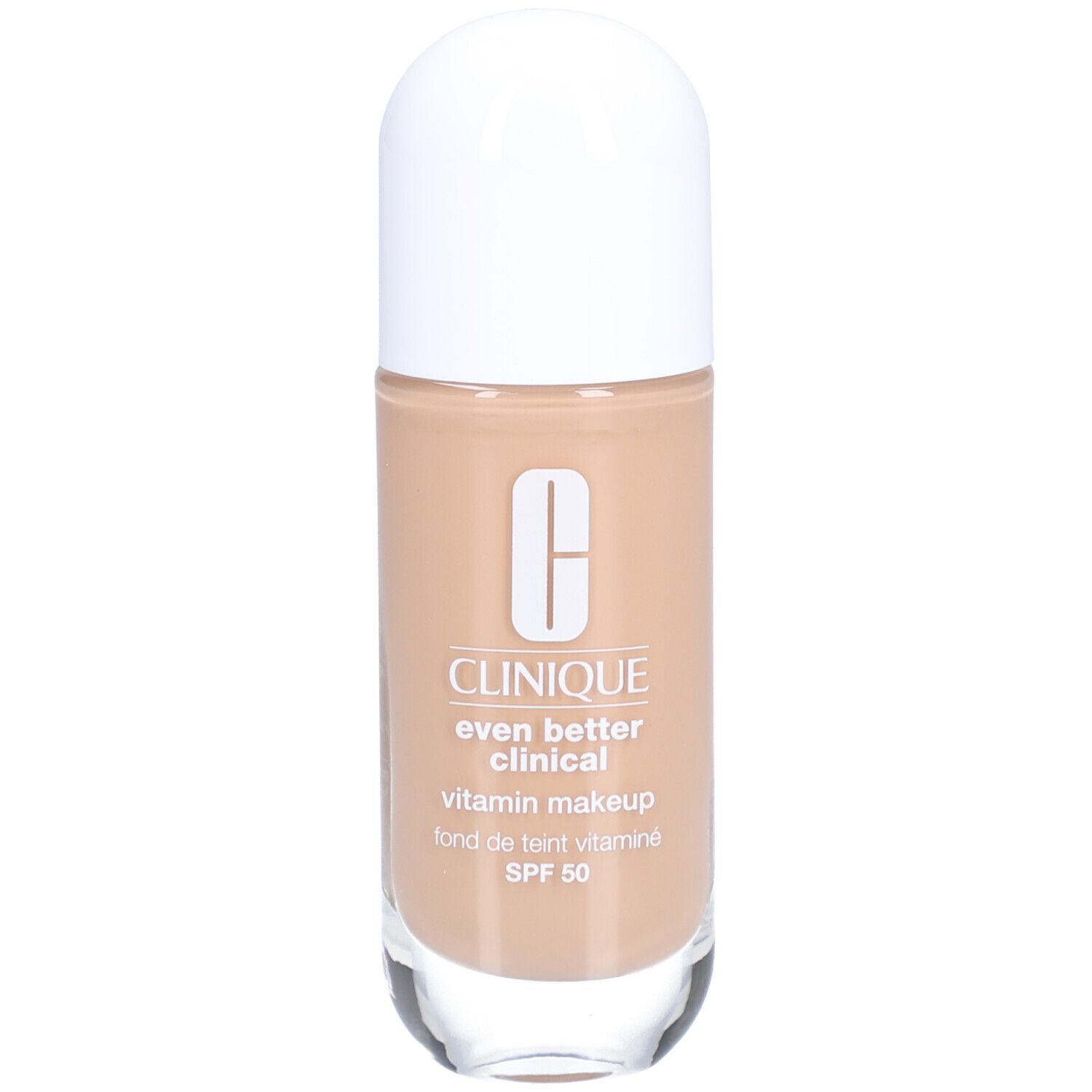 Flacon de fond de teint. Bouchon blanc, base transparente. Inscription : Clinique Even Better Clinical Vitamin Makeup SPF 50.