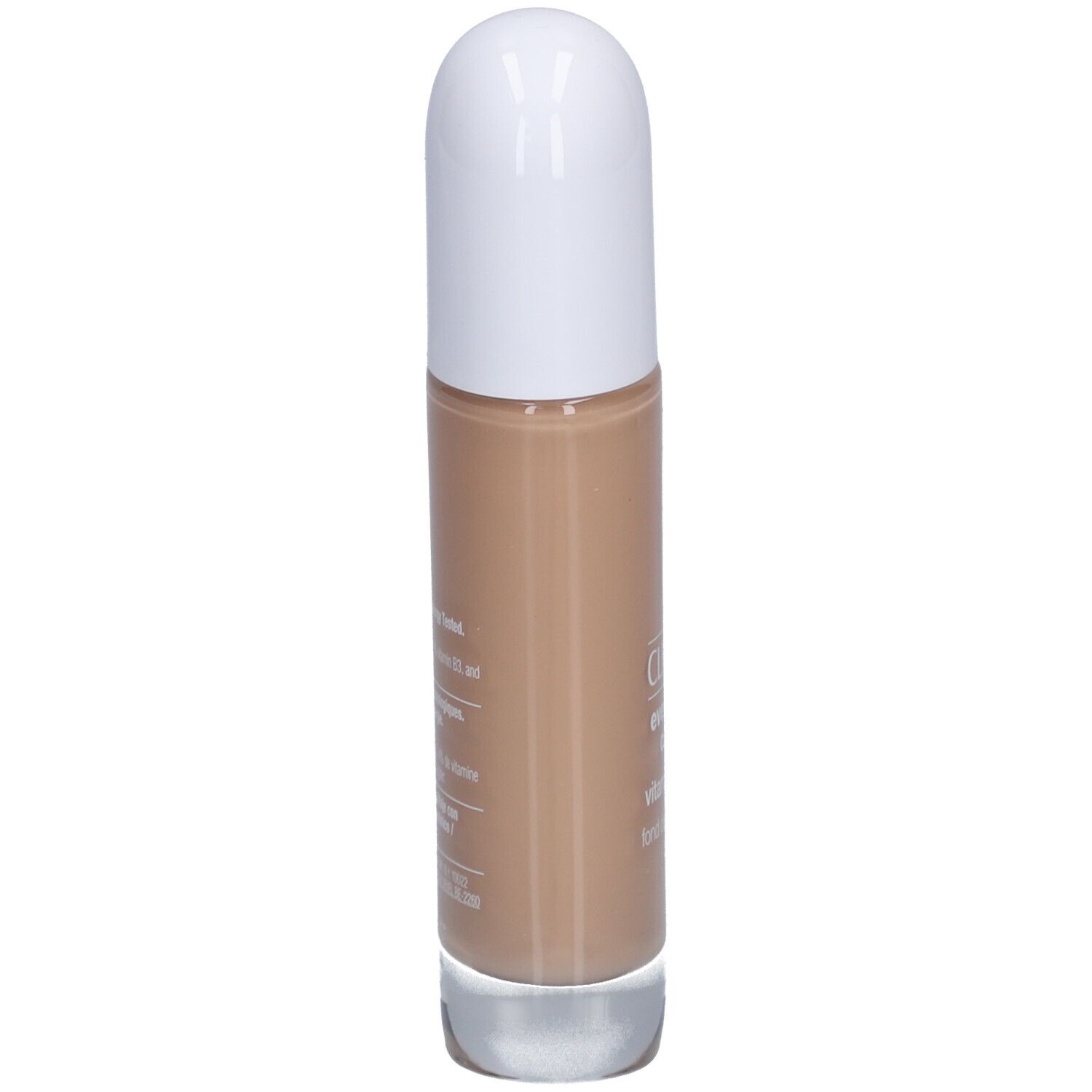 Flacon de fond de teint. Bouchon blanc, base transparente. Inscription : Clinique Even Better Clinical Vitamin Makeup SPF 50.