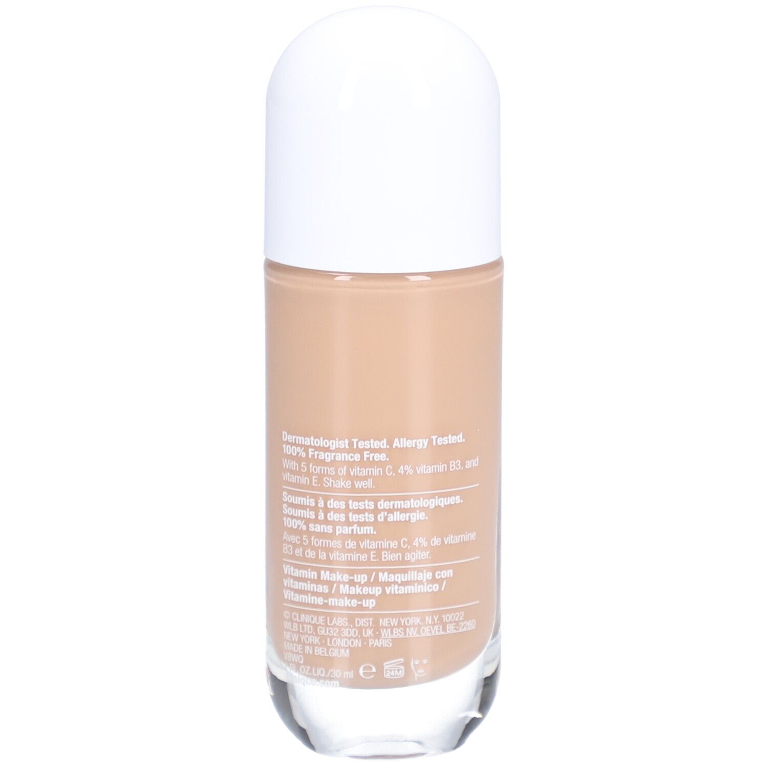 Flacon de fond de teint. Bouchon blanc, base transparente. Inscription : Clinique Even Better Clinical Vitamin Makeup SPF 50.