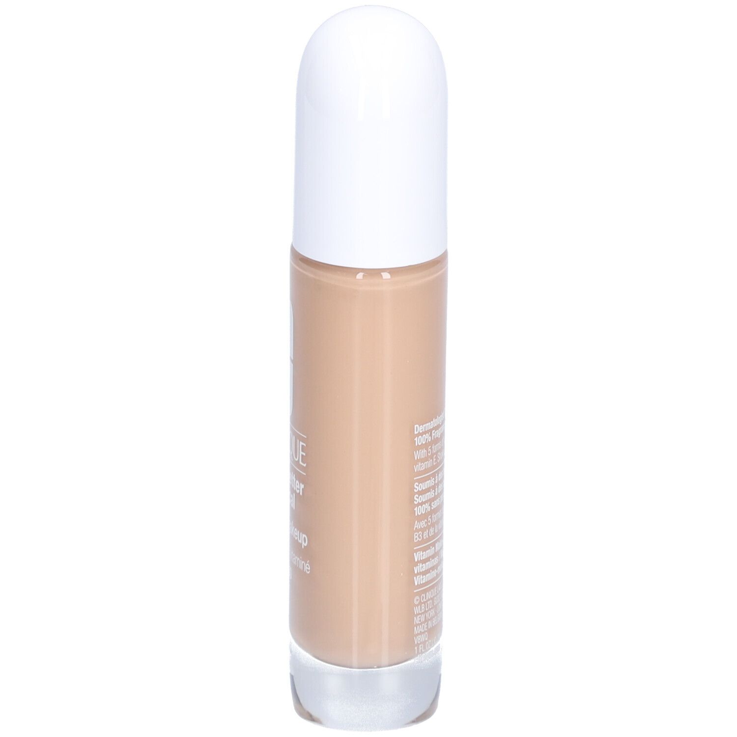Flacon de fond de teint. Bouchon blanc, base transparente. Inscription : Clinique Even Better Clinical Vitamin Makeup SPF 50.