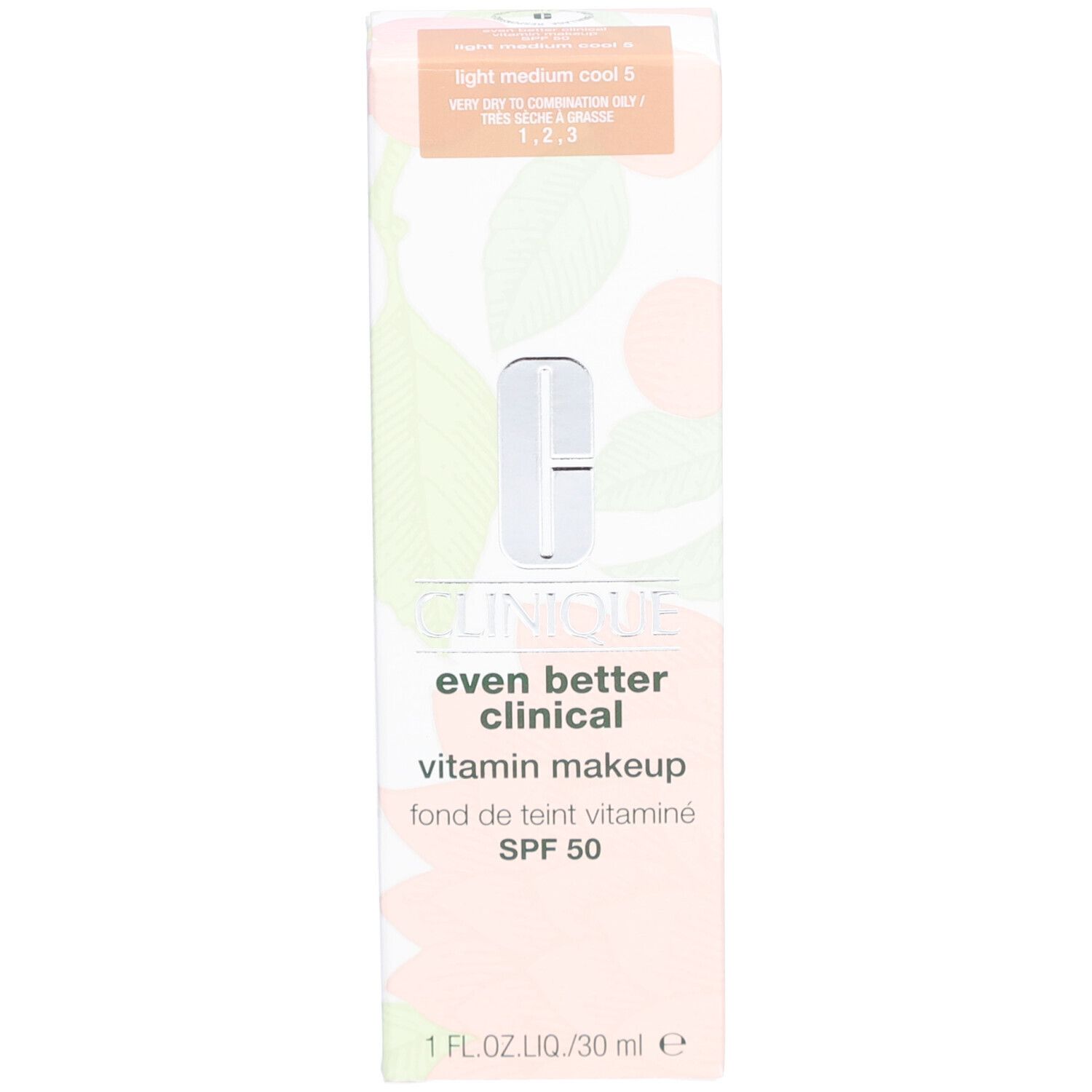 Emballage. Inscription : Clinique Even Better Clinical Vitamin Makeup SPF 50. Teinte : Light Medium Cool 5.