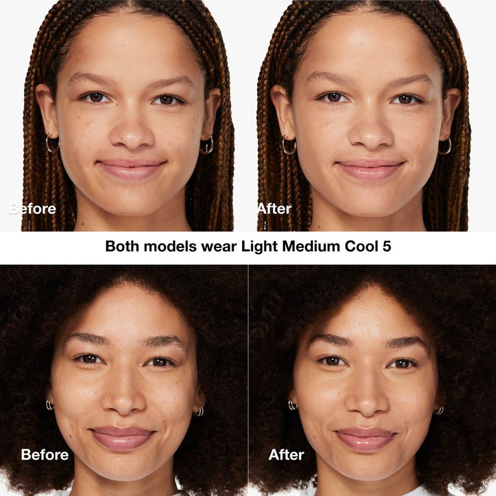Comparaison avant-après. Deux femmes maquillées. Teinte : Light Medium Cool 5.