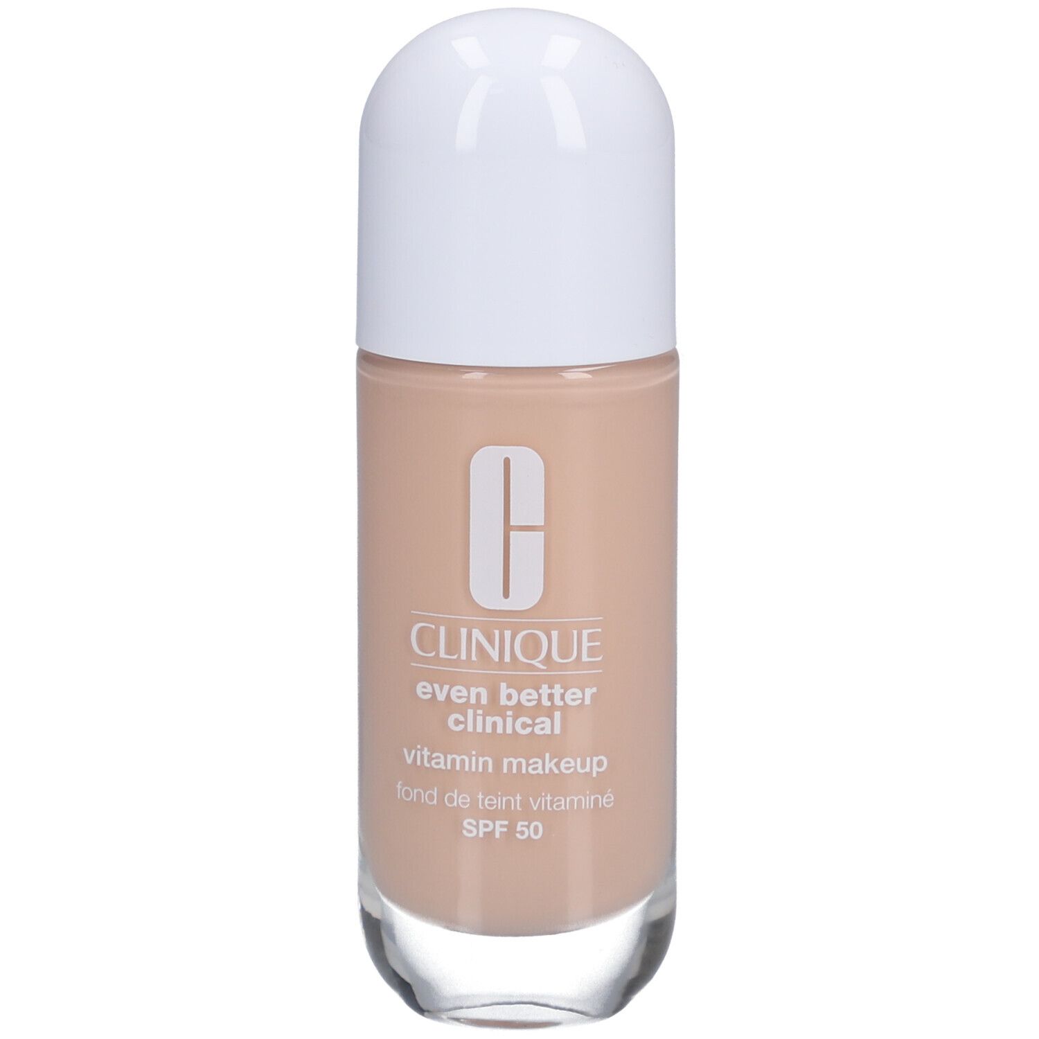 Flacon Clinique Even Better Clinical Vitamin Makeup SPF 50. Teinte beige, bouchon blanc. Inscriptions produit.