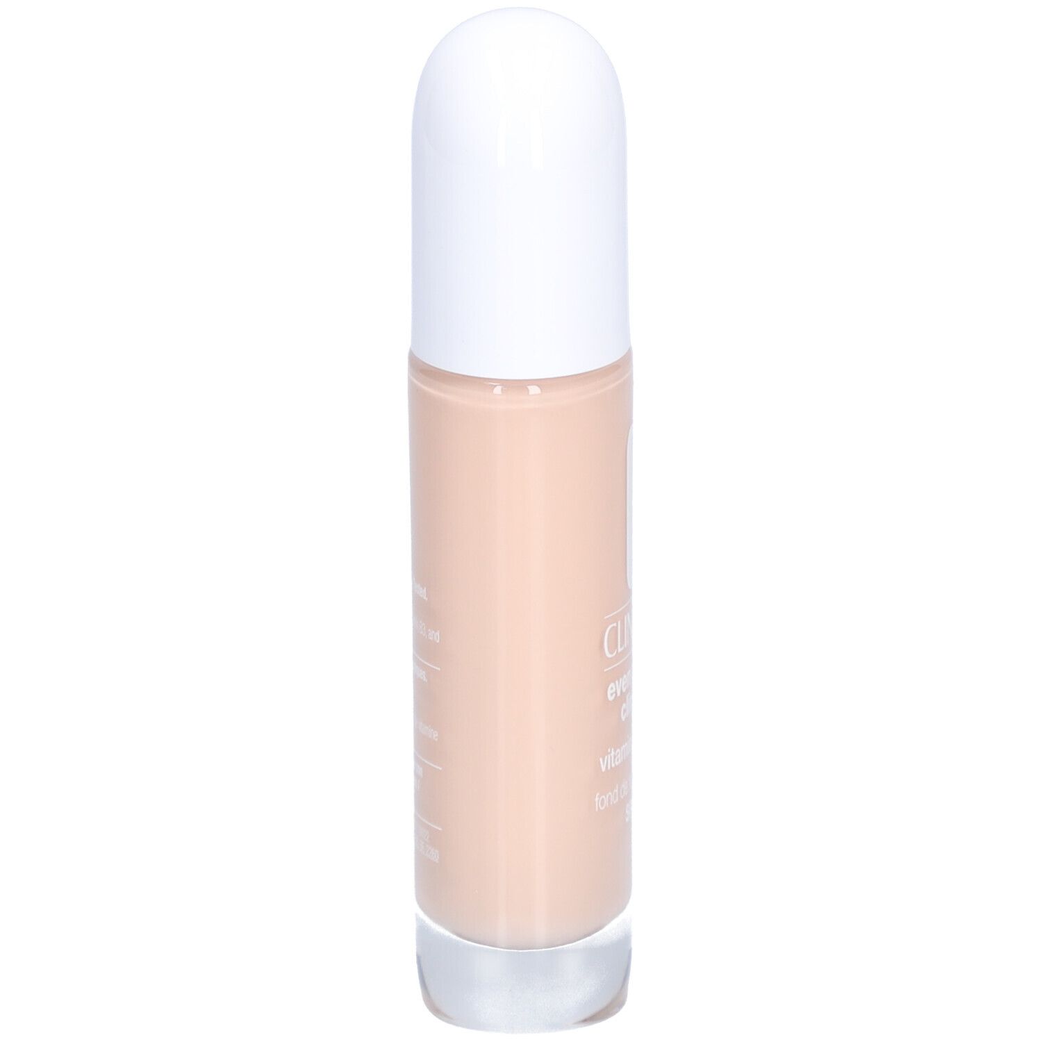 Flacon Clinique Even Better Clinical Vitamin Makeup SPF 50. Teinte beige, bouchon blanc. Vue latérale.