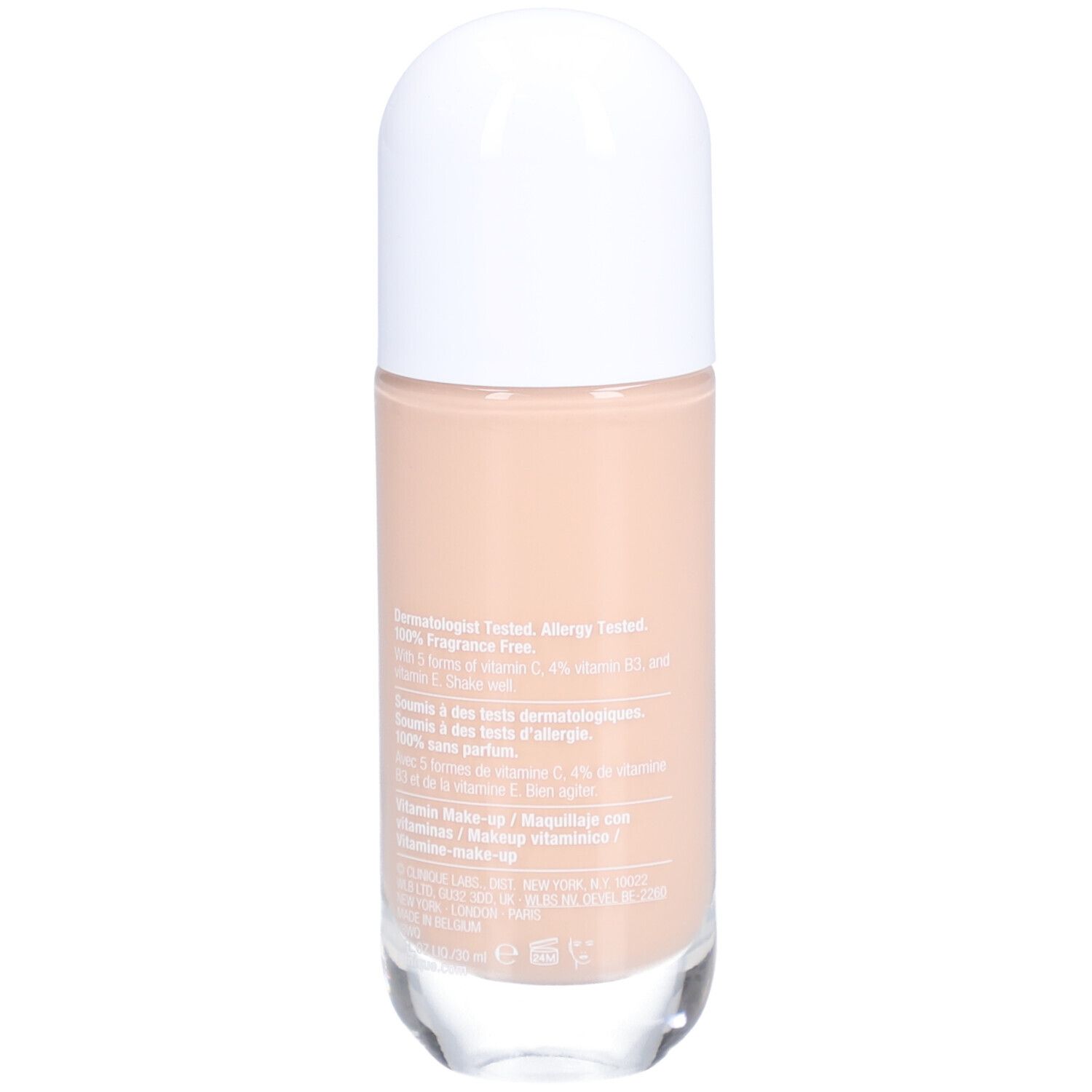 Flacon Clinique Even Better Clinical Vitamin Makeup SPF 50. Teinte beige, bouchon blanc. Dos avec texte.
