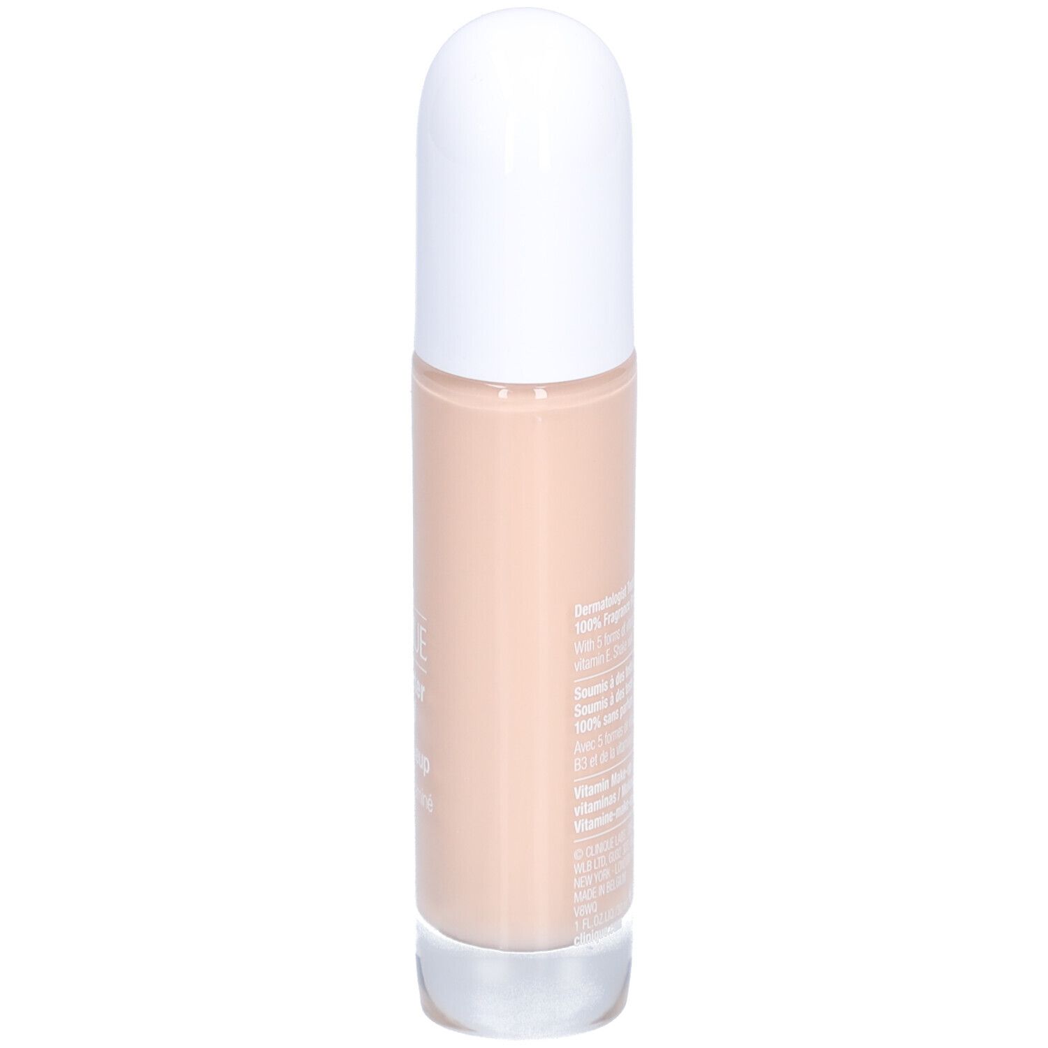 Flacon Clinique Even Better Clinical Vitamin Makeup SPF 50. Teinte beige, bouchon blanc. Vue latérale.