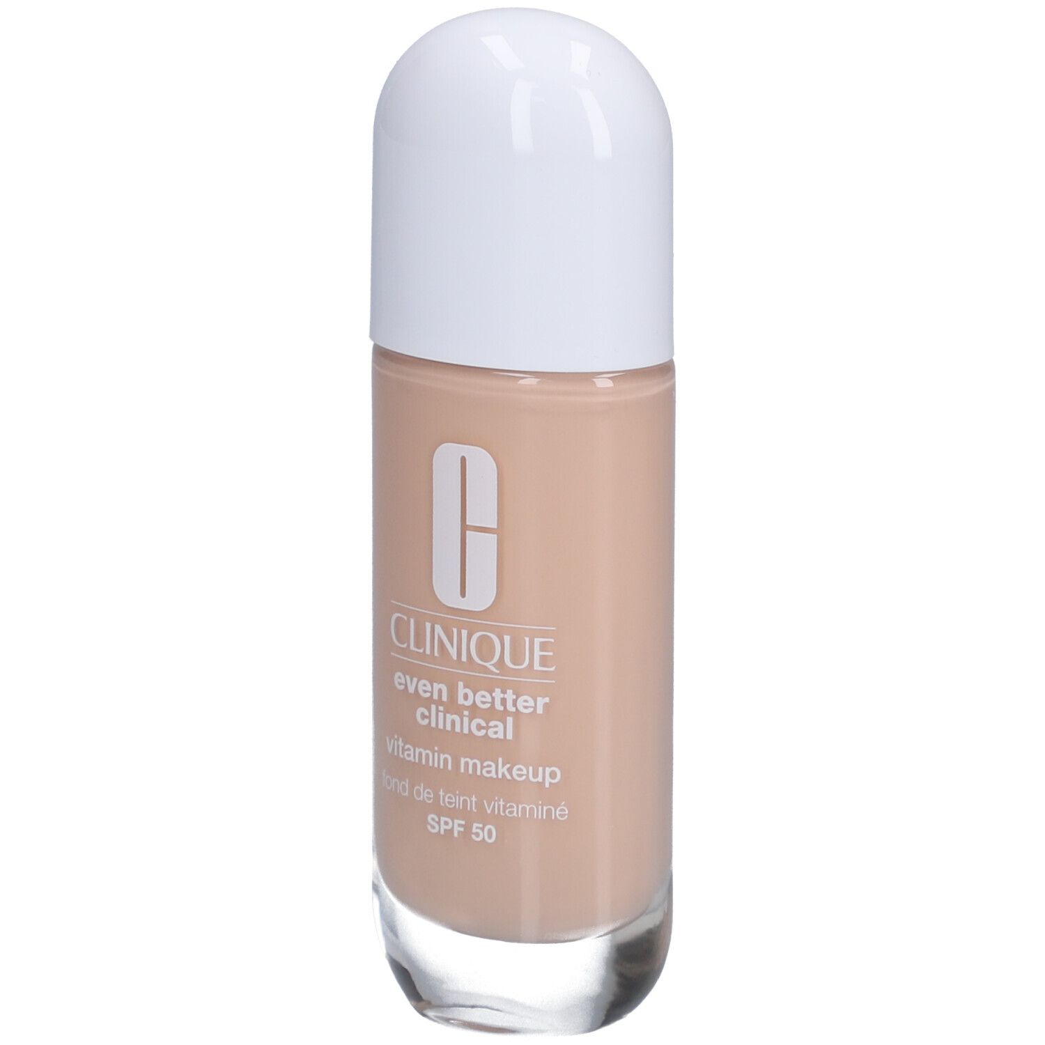 Flacon Clinique Even Better Clinical Vitamin Makeup SPF 50. Teinte beige, bouchon blanc. Inscriptions produit.
