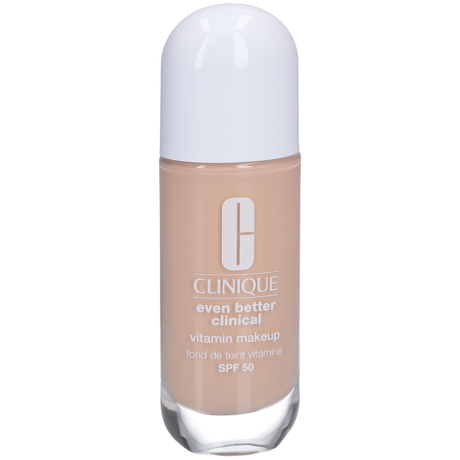 Flacon Clinique Even Better Clinical Vitamin Makeup SPF 50. Teinte beige, bouchon blanc. Inscriptions produit.