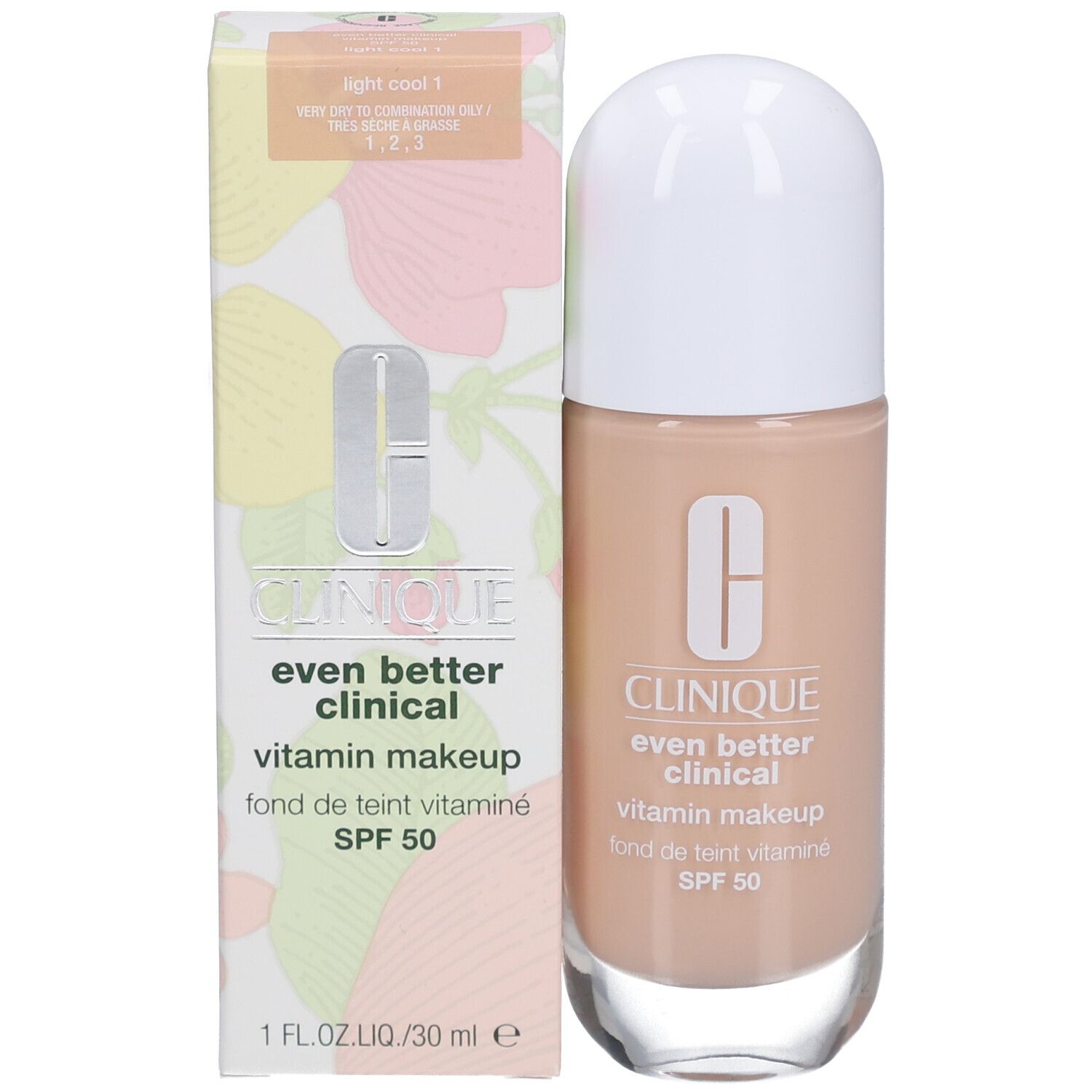 Clinique Even Better Clinical Vitamin Makeup SPF 50 avec emballage. Teinte beige, bouchon blanc. Inscriptions.