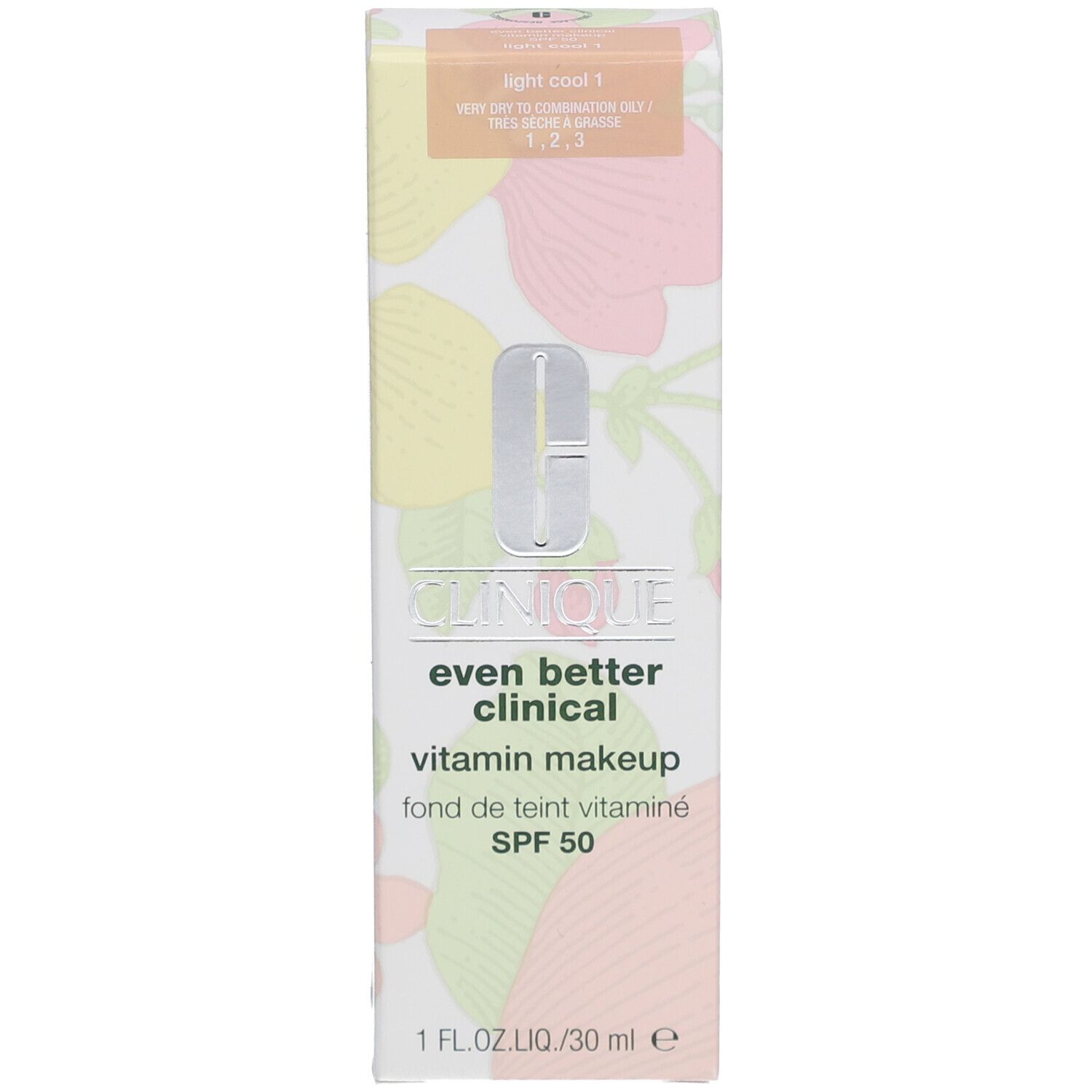 Emballage Clinique Even Better Clinical Vitamin Makeup SPF 50. Inscriptions produit, teinte Light Cool 1.