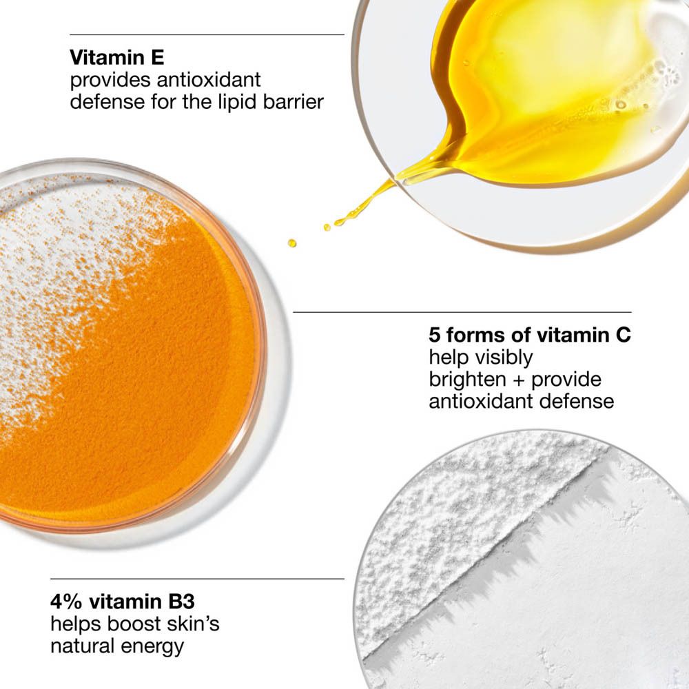Graphique avec ingrédients : vitamine E, vitamine C, vitamine B3. Légendes et illustrations.