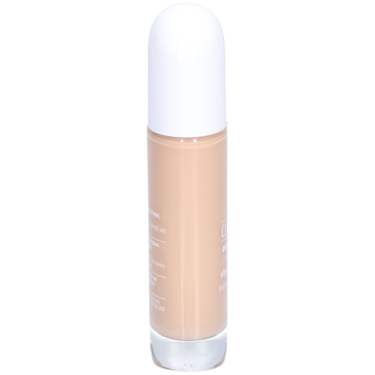 Clinique Even Better Clinical Vitamin Makeup SPF 50 Flasche. Rückseite mit Text. Weißer Deckel, beige Farbton.