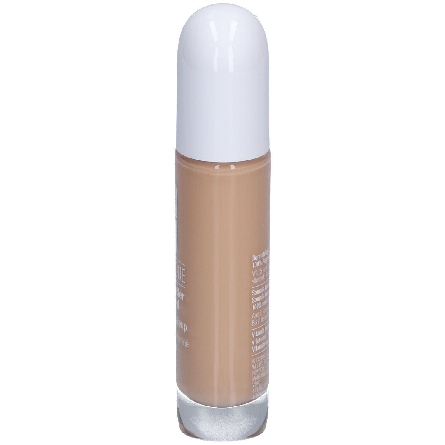 Clinique Even Better Clinical Vitamin Makeup SPF 50 Flasche. Rückseite mit Text. Weißer Deckel, beige Farbton.