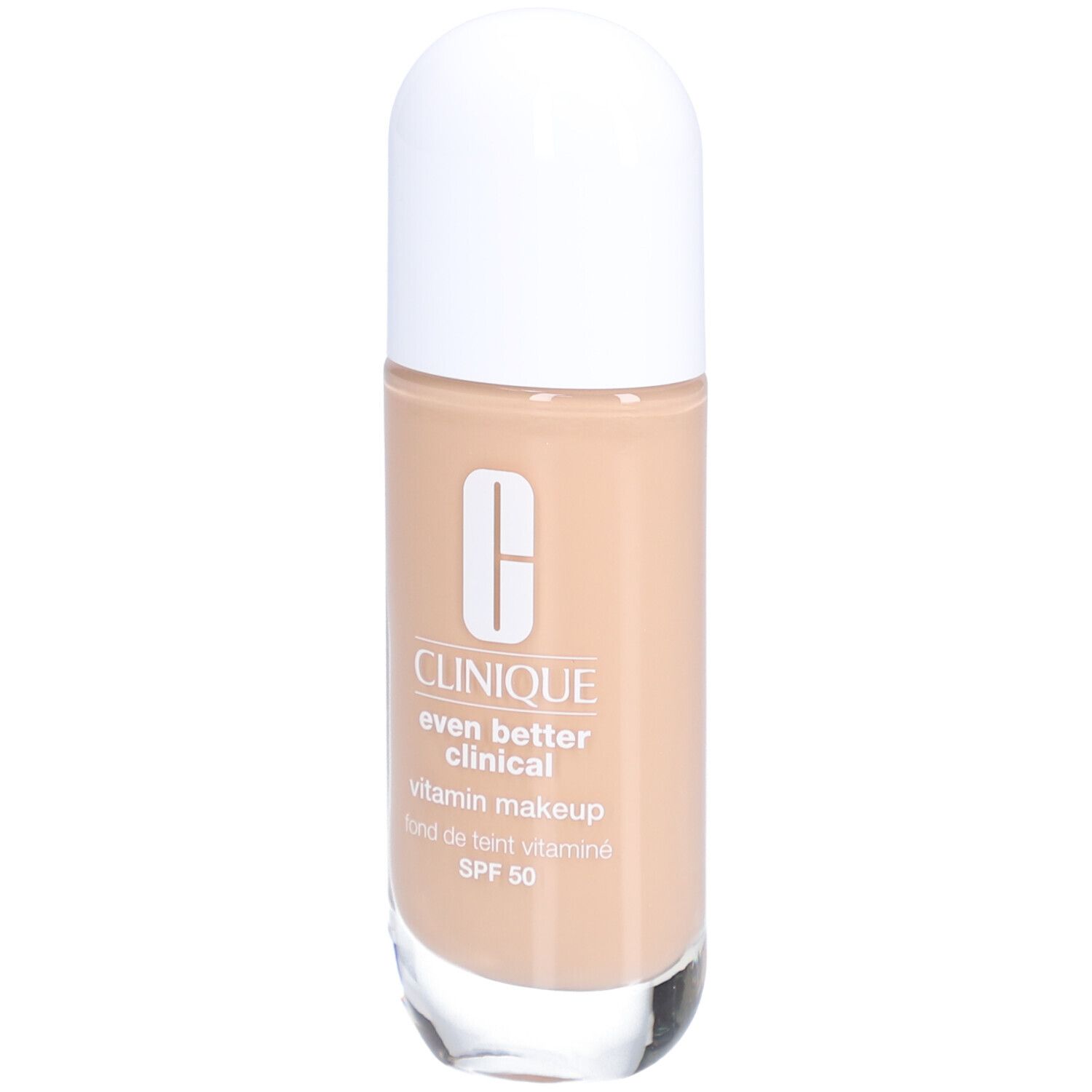 Clinique Even Better Clinical Vitamin Makeup SPF 50 Flasche. Vorderseite mit Text. Weißer Deckel, beige Farbton.