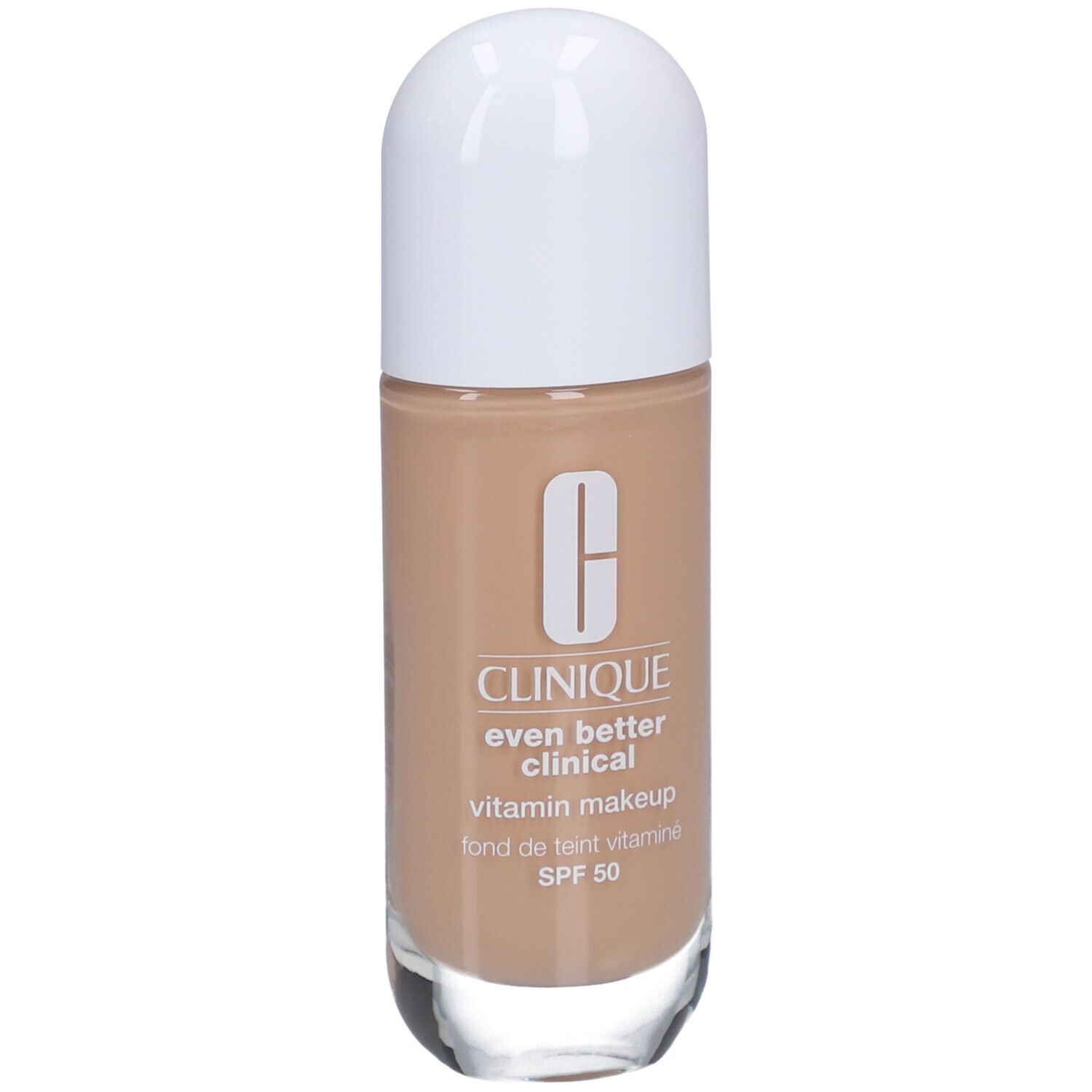Clinique Even Better Clinical Vitamin Makeup SPF 50 Flasche. Vorderseite mit Text. Weißer Deckel, beige Farbton.