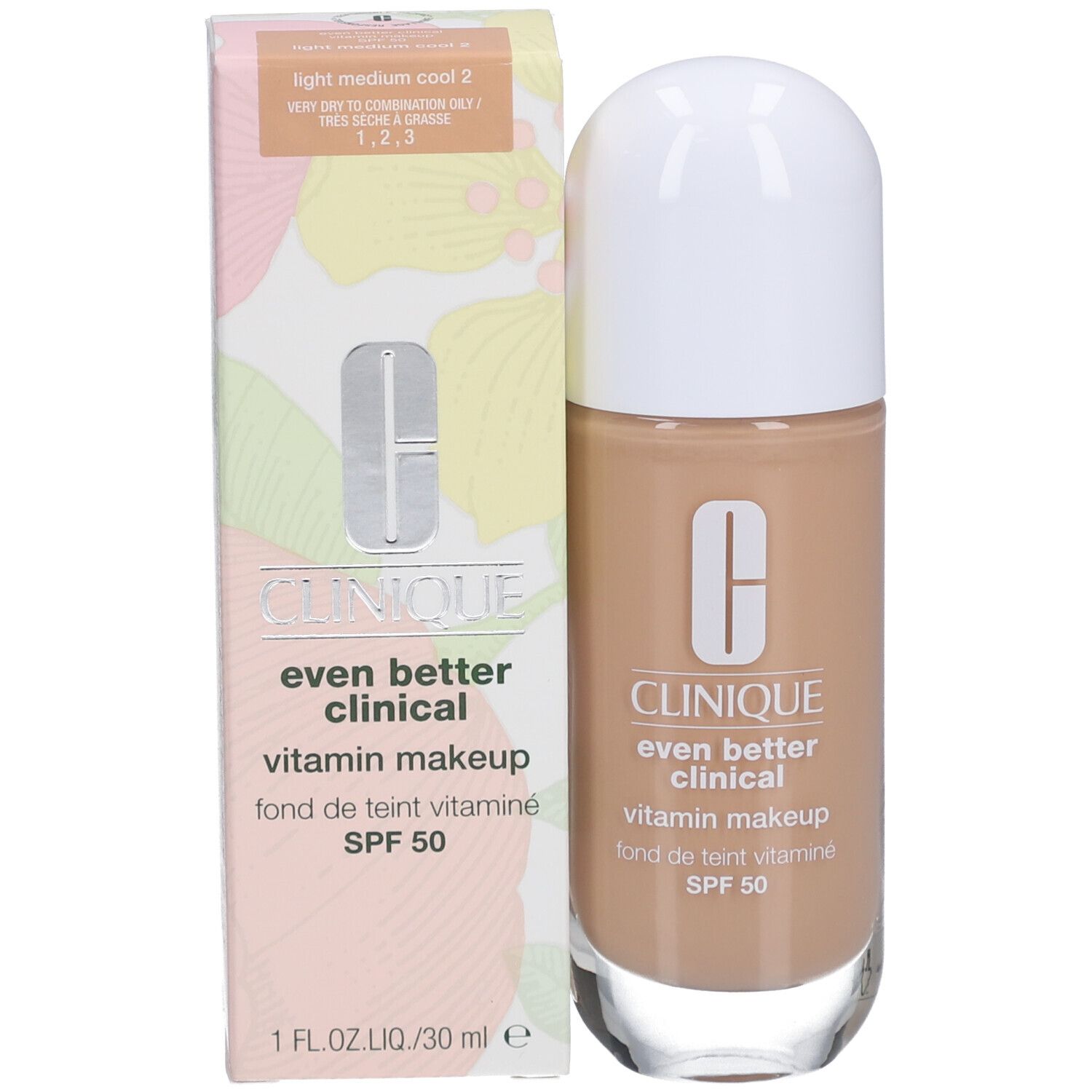 Clinique Even Better Clinical Vitamin Makeup SPF 50 und Verpackung. Beige Farbton, weißer Deckel. Produktname sichtbar.