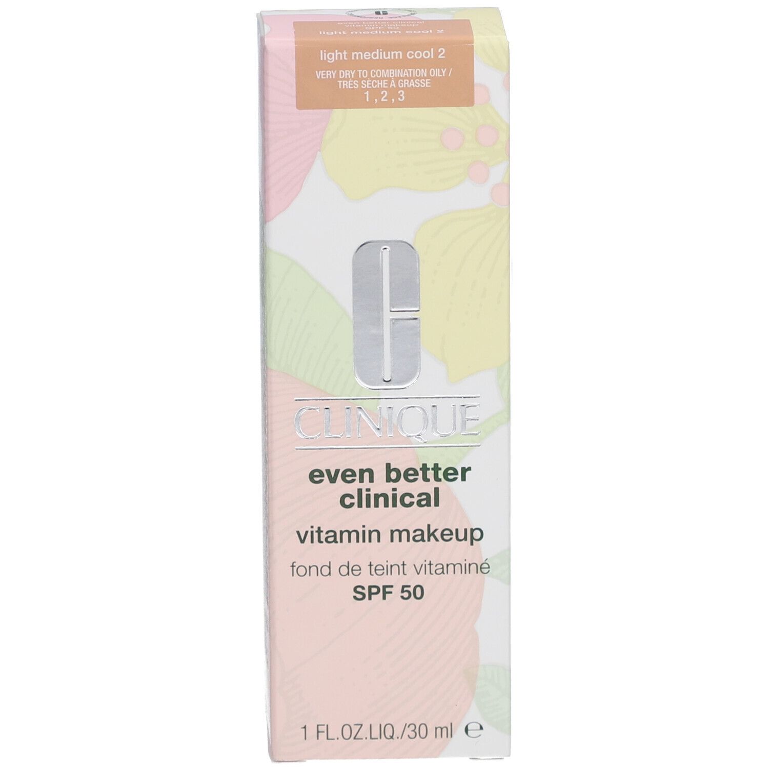 Clinique Even Better Clinical Vitamin Makeup SPF 50 und Verpackung. Beige Farbton, weißer Deckel. Produktname sichtbar.