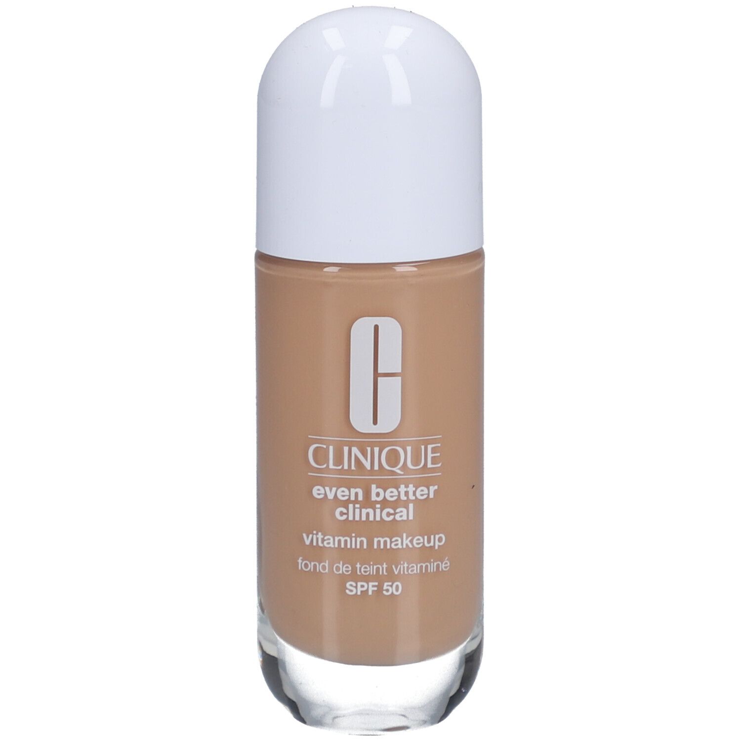 Flakon mit Clinique Even Better Clinical Vitamin Makeup. Weißer Deckel, hellbraune Flüssigkeit. SPF 50.