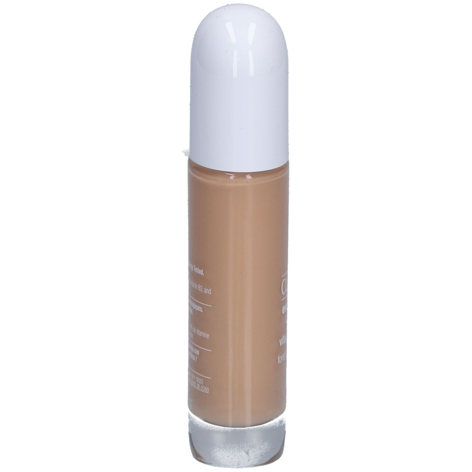 Clinique Even Better Clinical Vitamin Makeup Flakon. Weißer Deckel, hellbraune Flüssigkeit. Seitliche Ansicht.