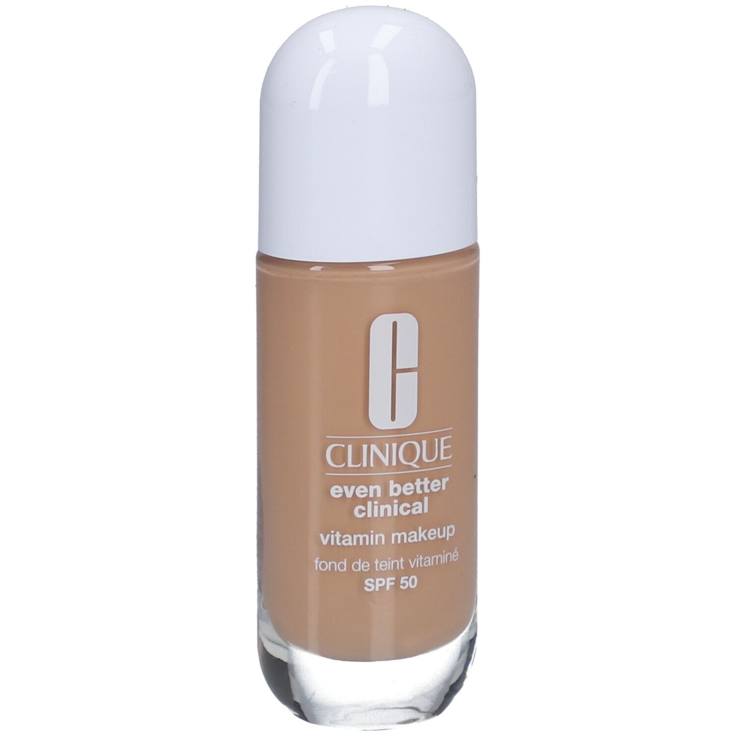 Clinique Even Better Clinical Vitamin Makeup Flakon. Weißer Deckel, hellbraune Flüssigkeit. SPF 50.