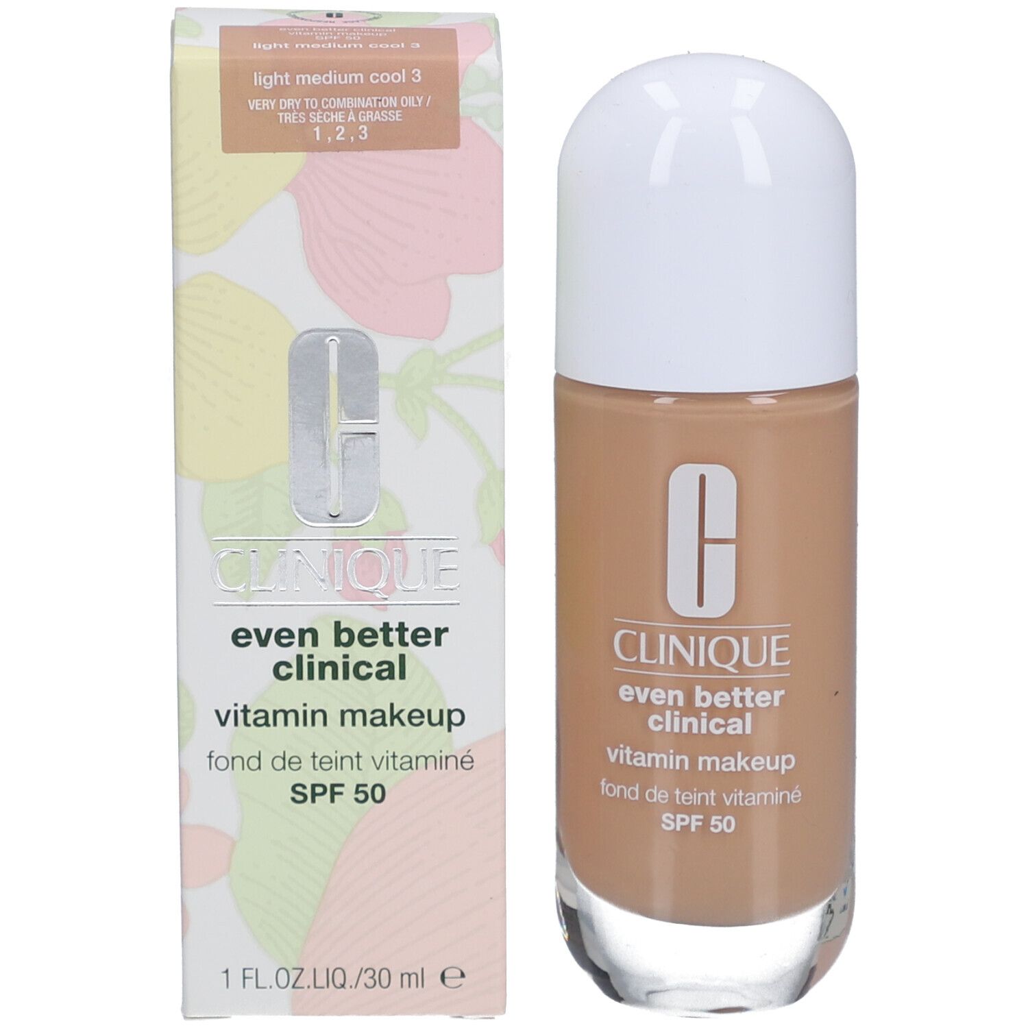 Clinique Even Better Clinical Vitamin Makeup und Verpackung. Hellbraune Foundation, SPF 50. Light Medium Cool 3.