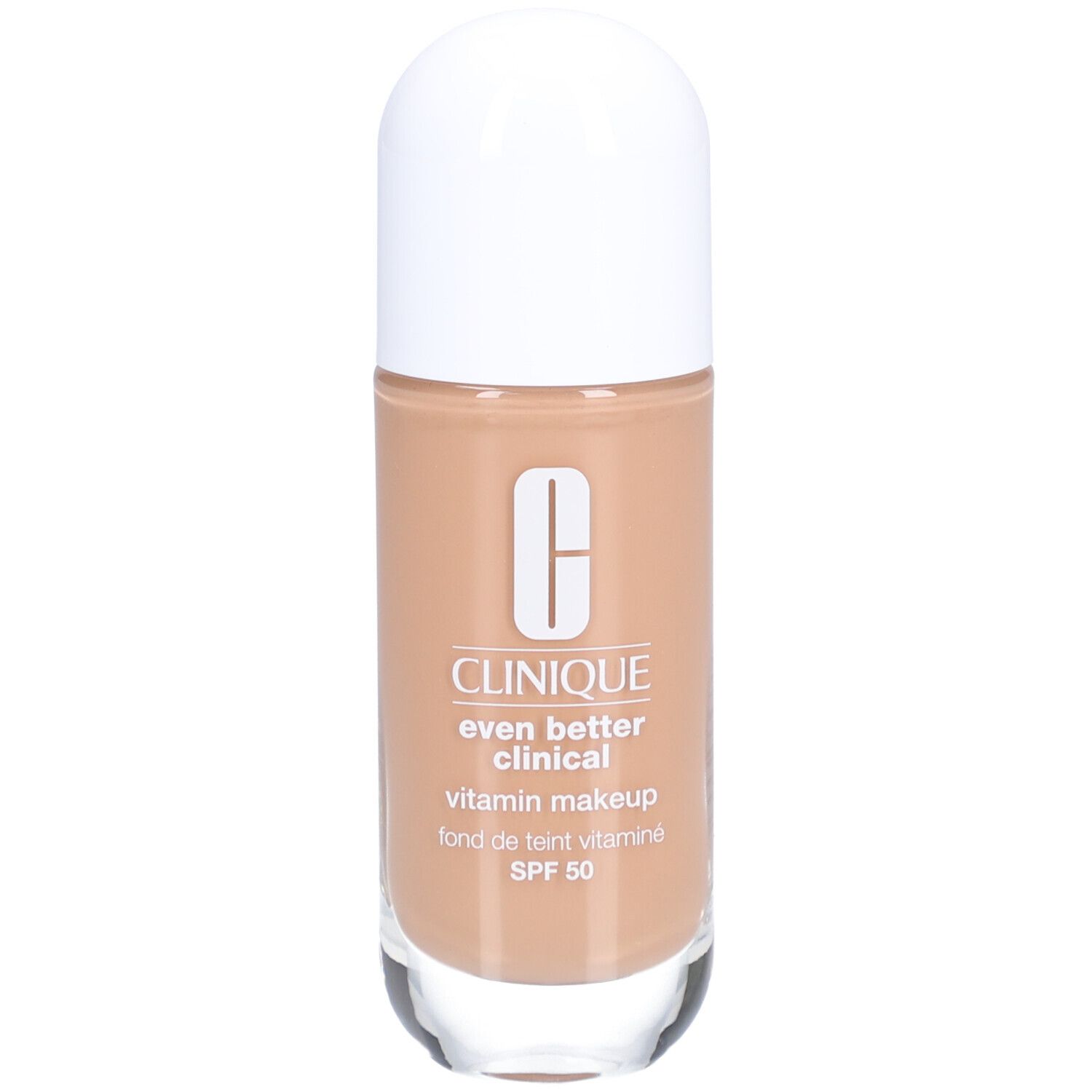 Clinique Even Better Clinical Vitamin Makeup Flasche. Beige Farbton, weißer Deckel. SPF 50.